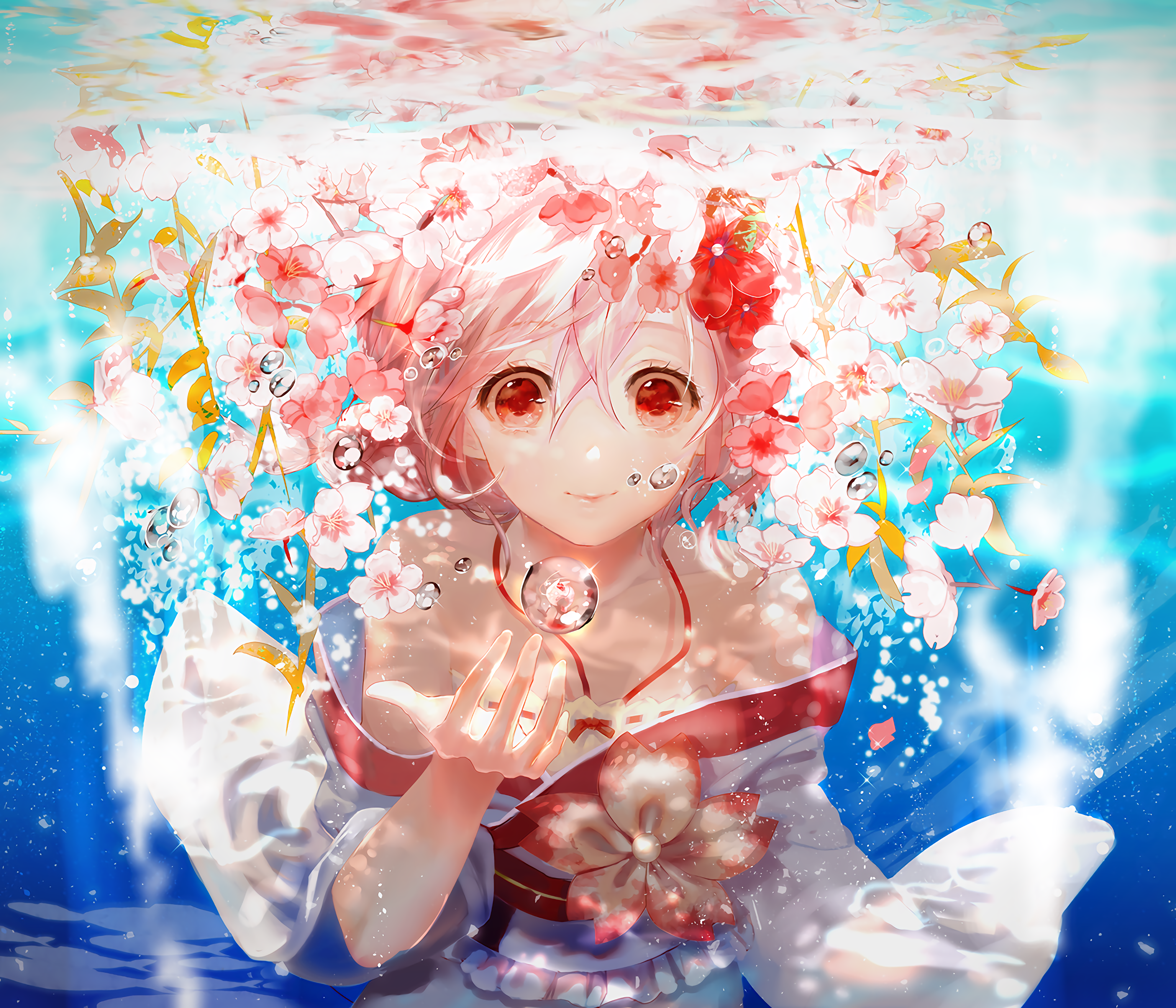 Pixiv, anime girls, anime, red eyes, pink hair, underwater, HD Wallpaper