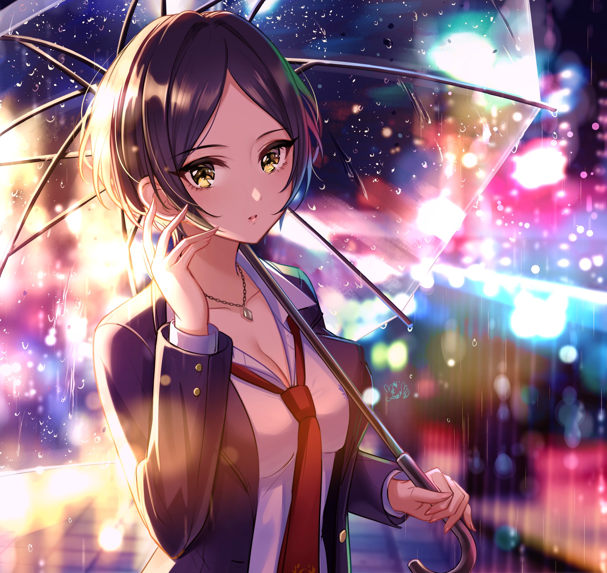 Hayami Kanade, THE, THE, anime girls, anime, women, dark hair, short hair, looking at viewer, necklace, schoolgirl, school uniform, tie, umbrella, water drops, rain, night, depth of field, lens flare, city lights, artwork, 2D, digital art, drawing, fan art, MAIRO, HD Wallpaper