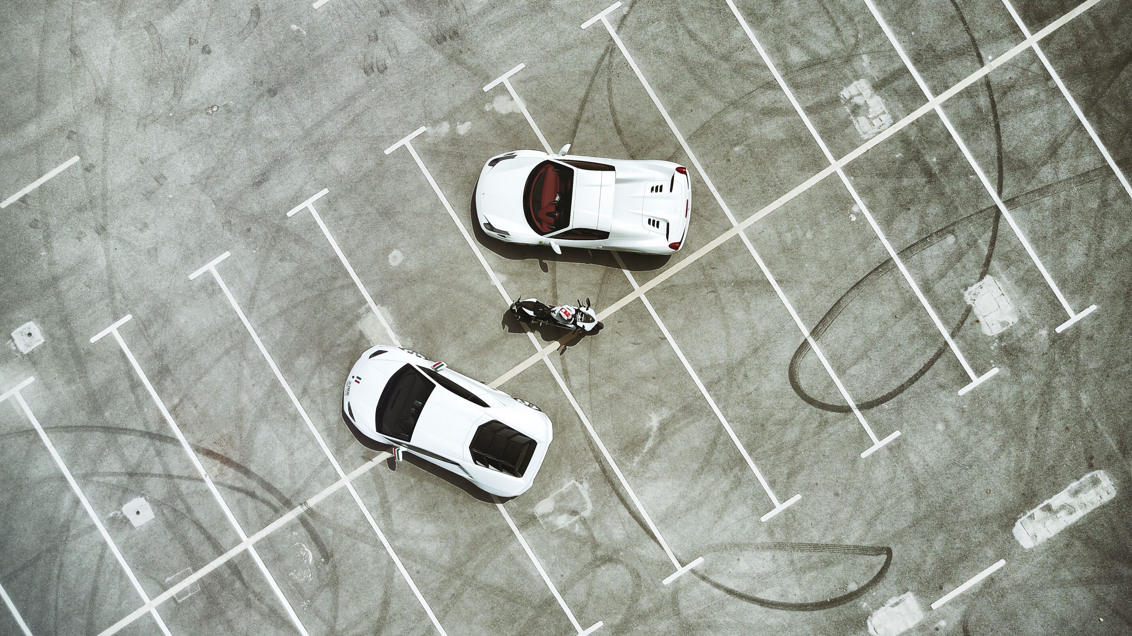 parking, cars, motorcycle, top view, lamborghini, ferrari, ducati, 4k, HD Wallpaper
