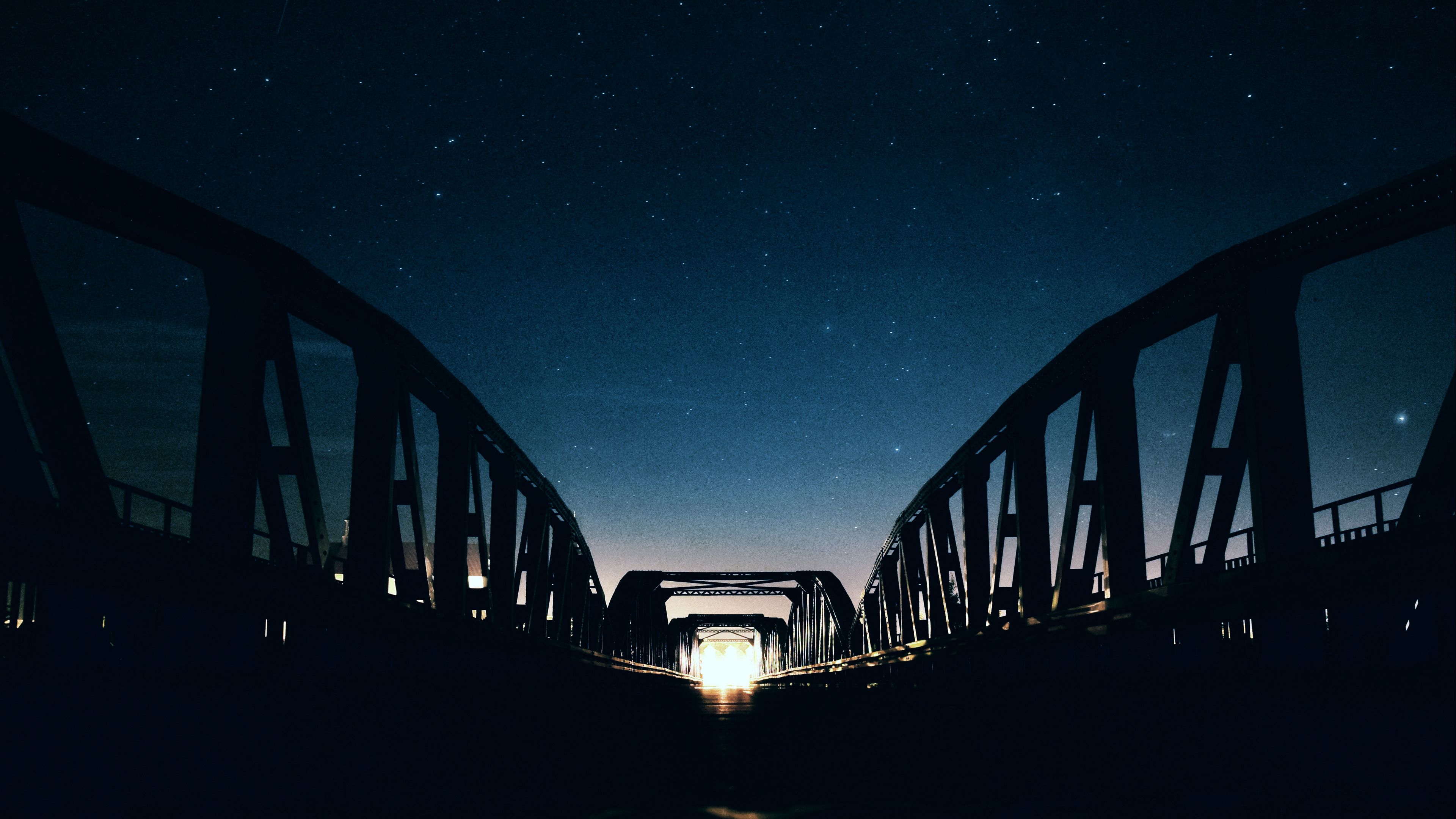 bridge, starry sky, night, light, 4k, HD Wallpaper