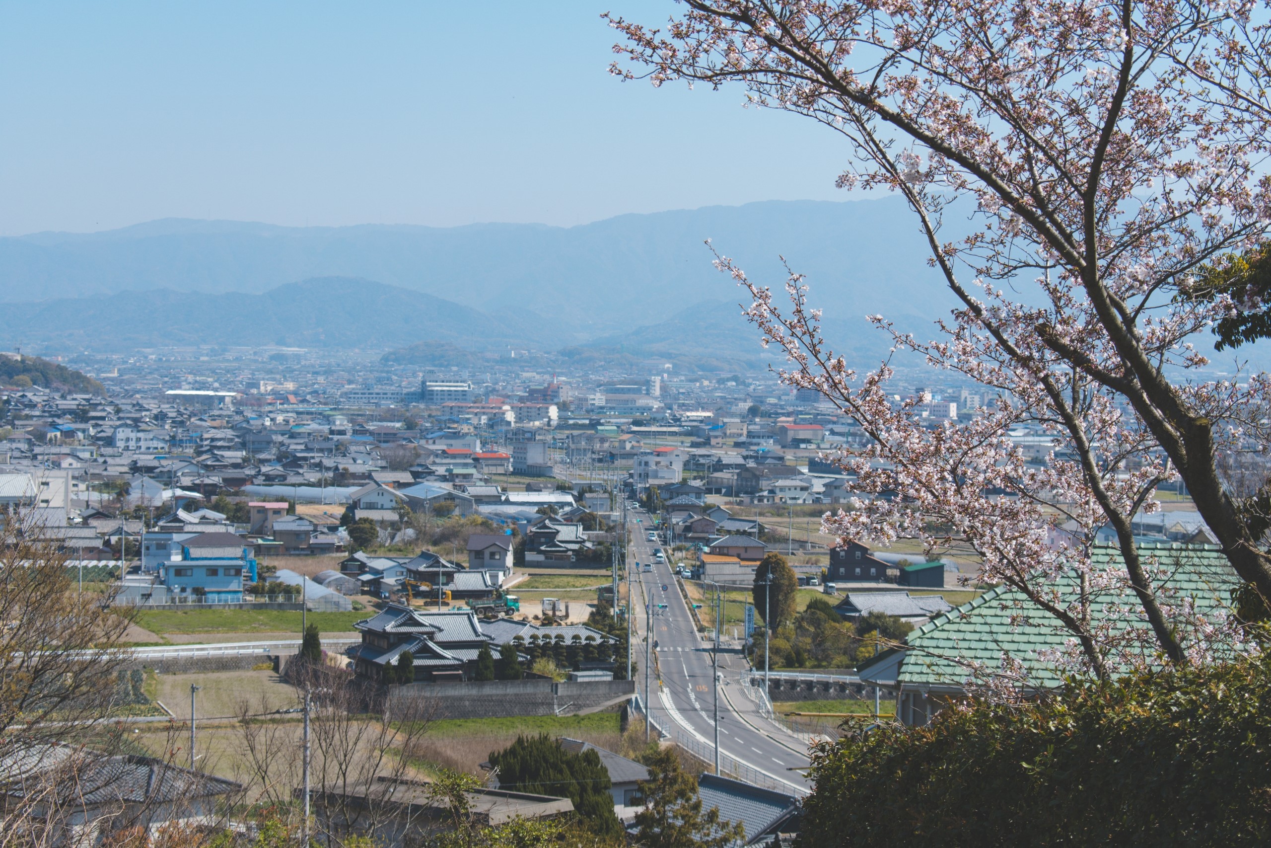 Japan, landscape, mountains, town, cherry blossom, HD Wallpaper