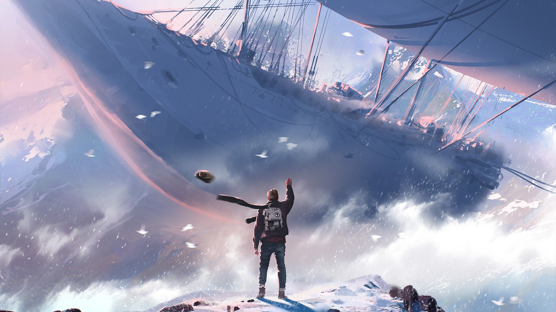 spaceship, airships, snow, mountain top, birds, waving, backpacks, HD Wallpaper