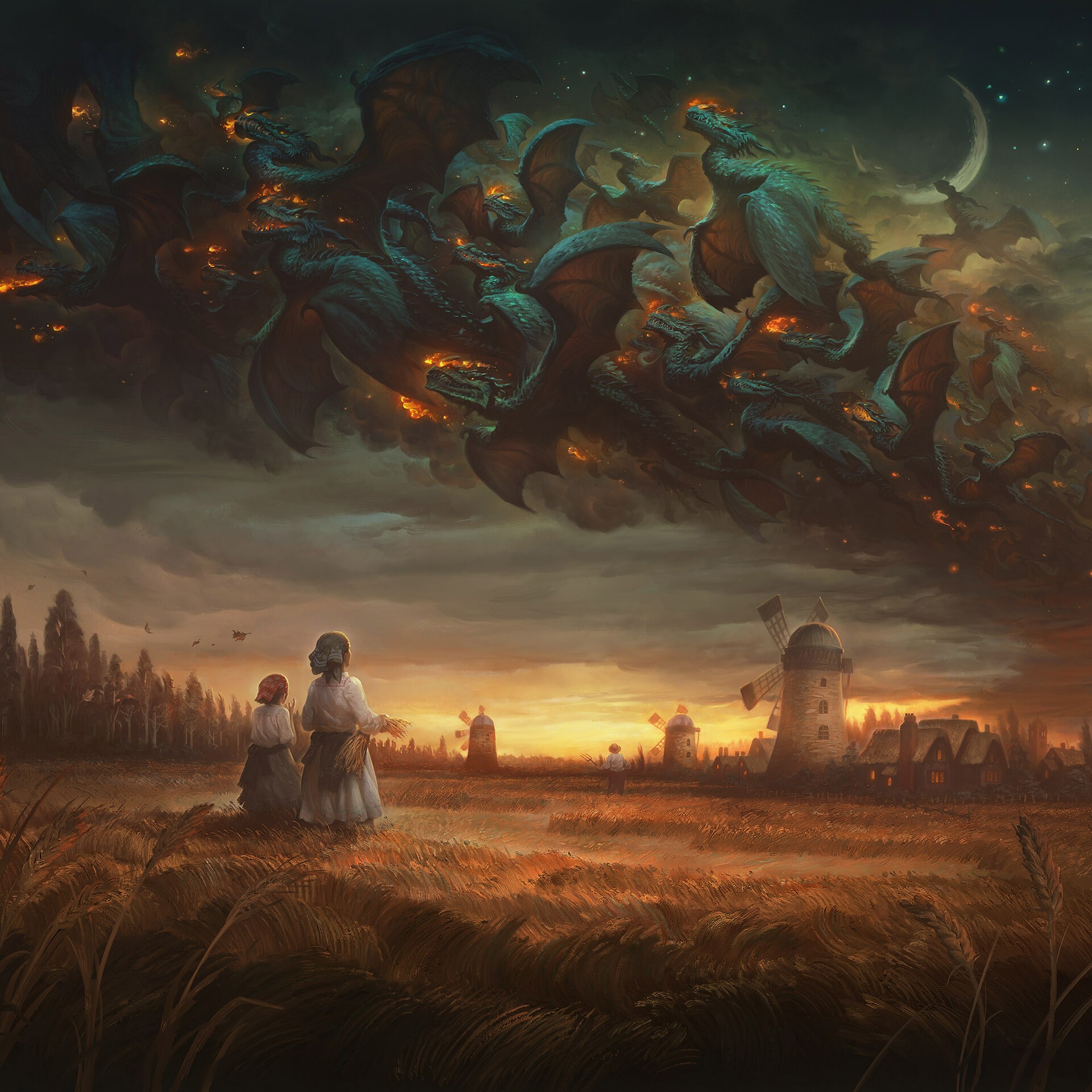 artwork, dragon, landscape, fantasy art, digital art, sky, HD Wallpaper