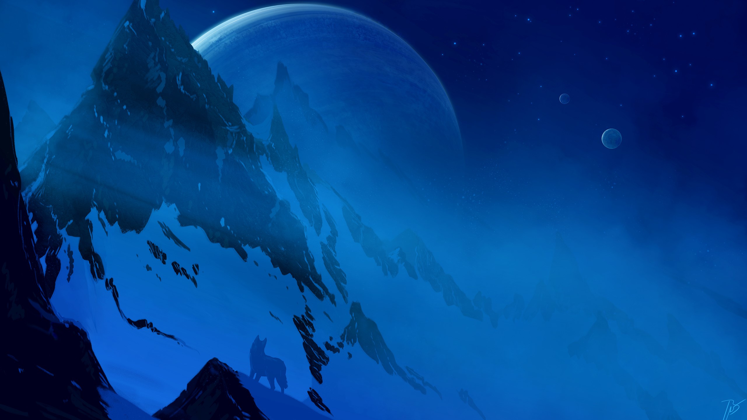 mountains, space art, JoeyJazz, wolf, snow, night, planet, HD Wallpaper