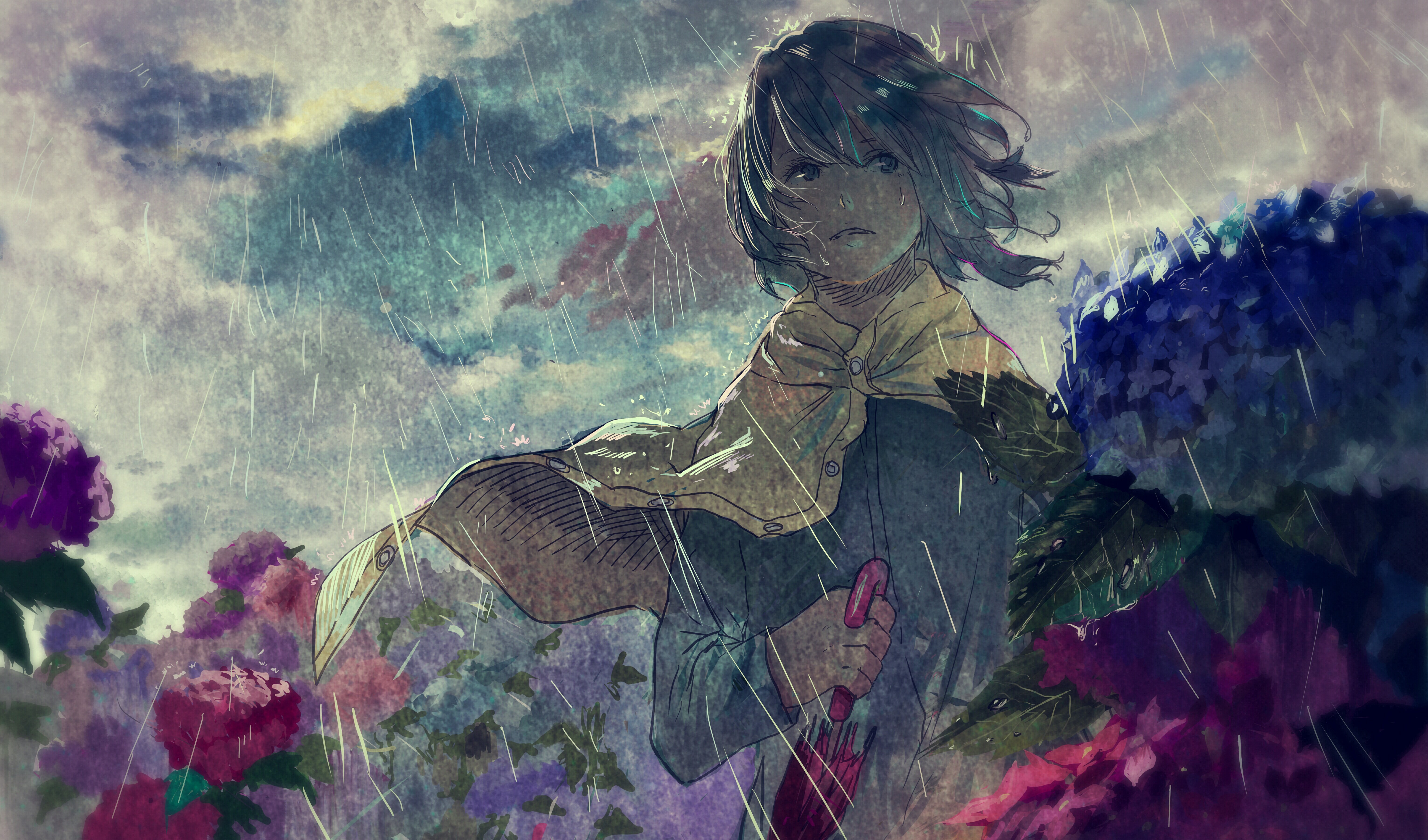 anime, anime girls, original characters, flowers, rain, umbrella, HD Wallpaper