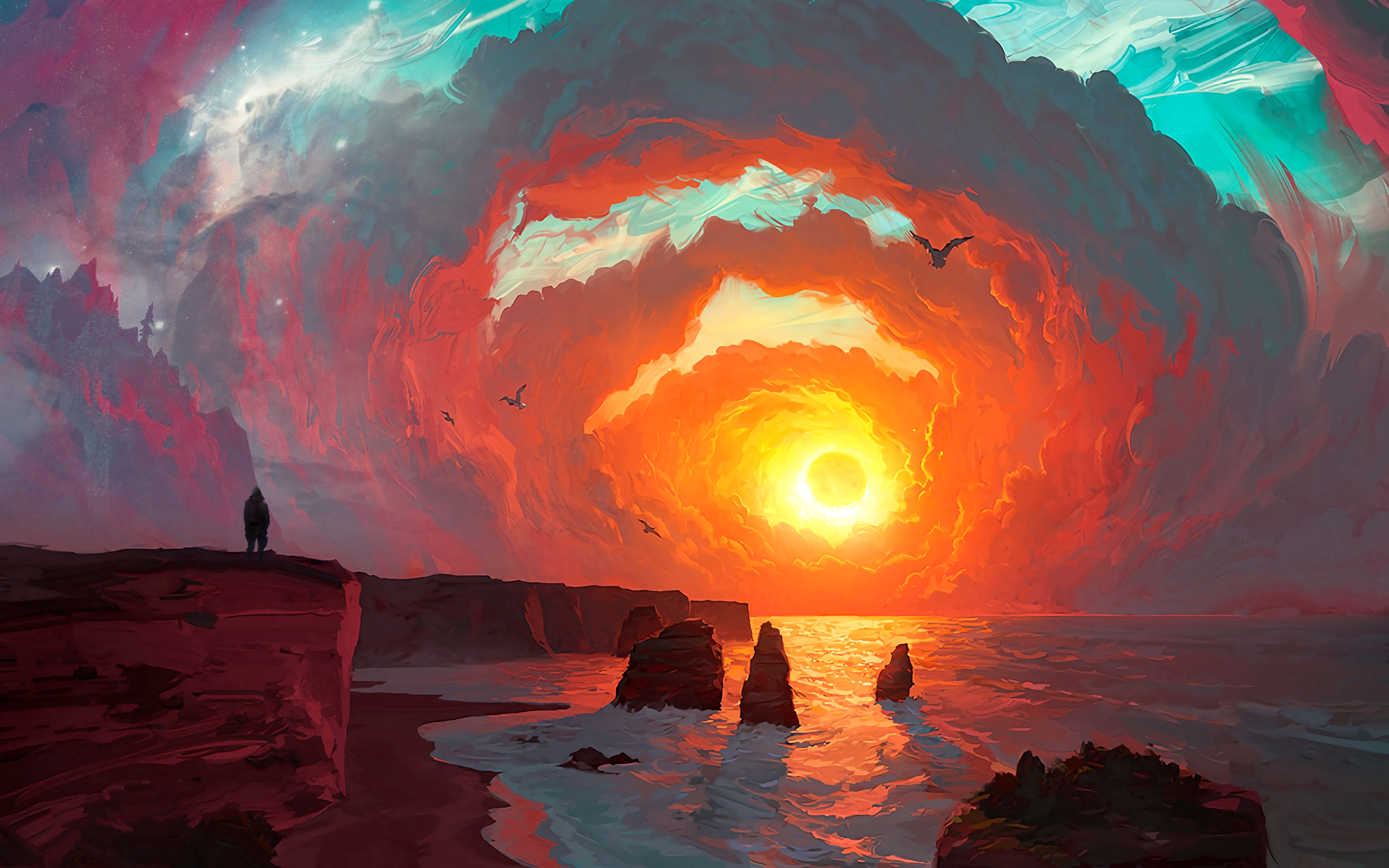 landscape, sea, Sun, artwork, sky, HD Wallpaper