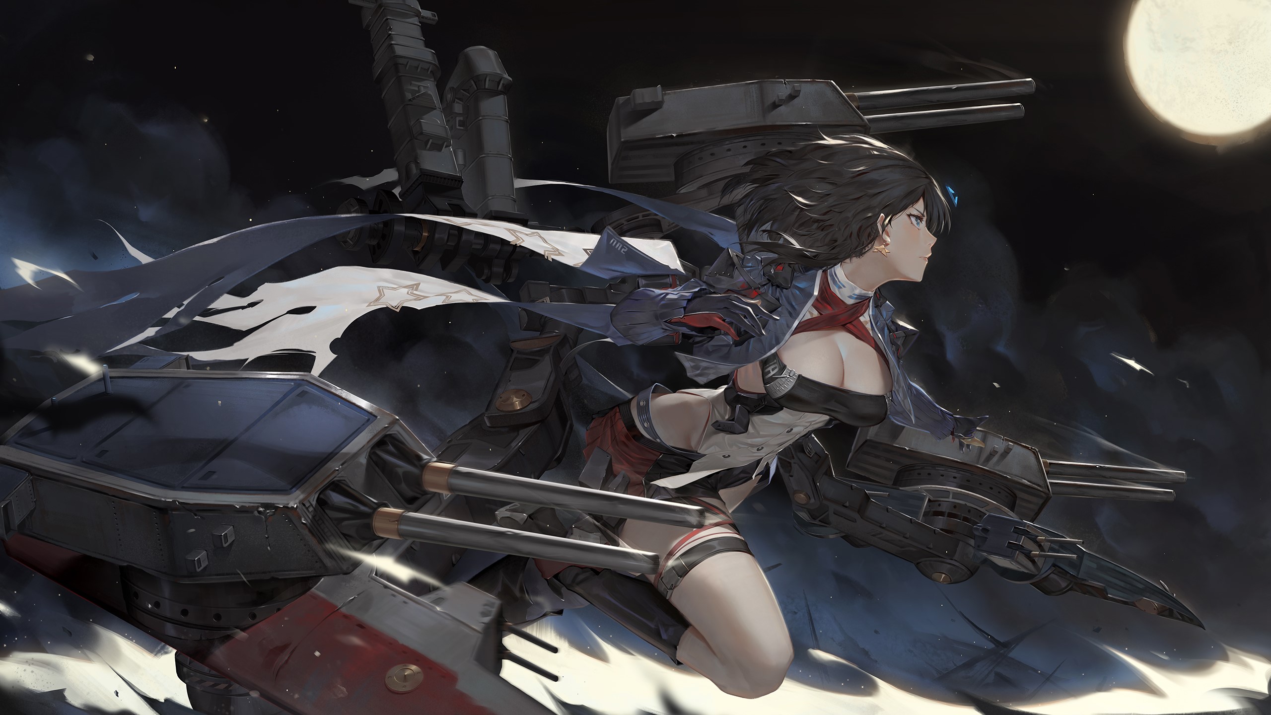Azur Lane, video games, video game girls, anime girls, fantasy girl, black hair, profile, blue eyes, cleavage, cannons, weapon, fantasy art, video game art, artwork, digital art, drawing, fan art, Chika Toriumi, mecha girls, Georgia (Azur Lane), HD Wallpaper