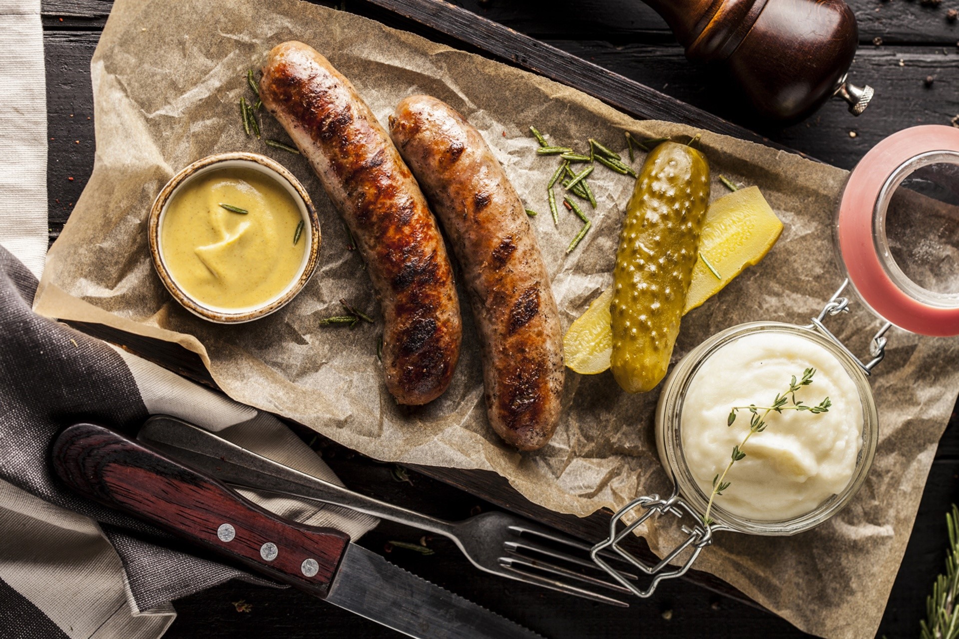food, fork, knife, sausage, mustard, Bratwurst, pickles, rosemary, HD Wallpaper