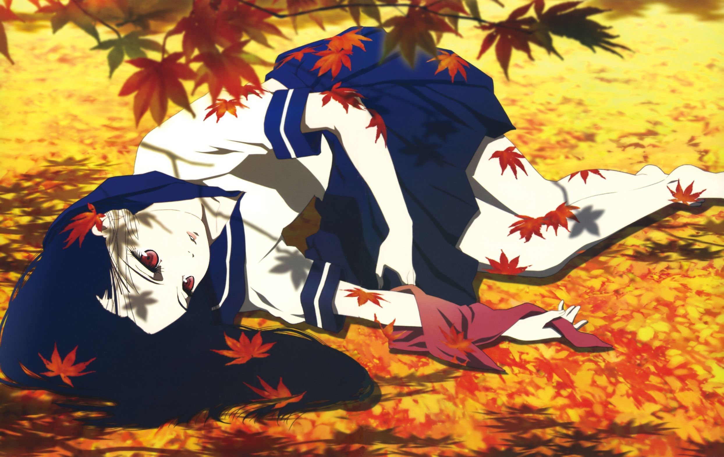 Jigoku Shoujo, Enma Ai, leaves, fall, blue hair, lying down, anime girls, anime, red eyes, HD Wallpaper