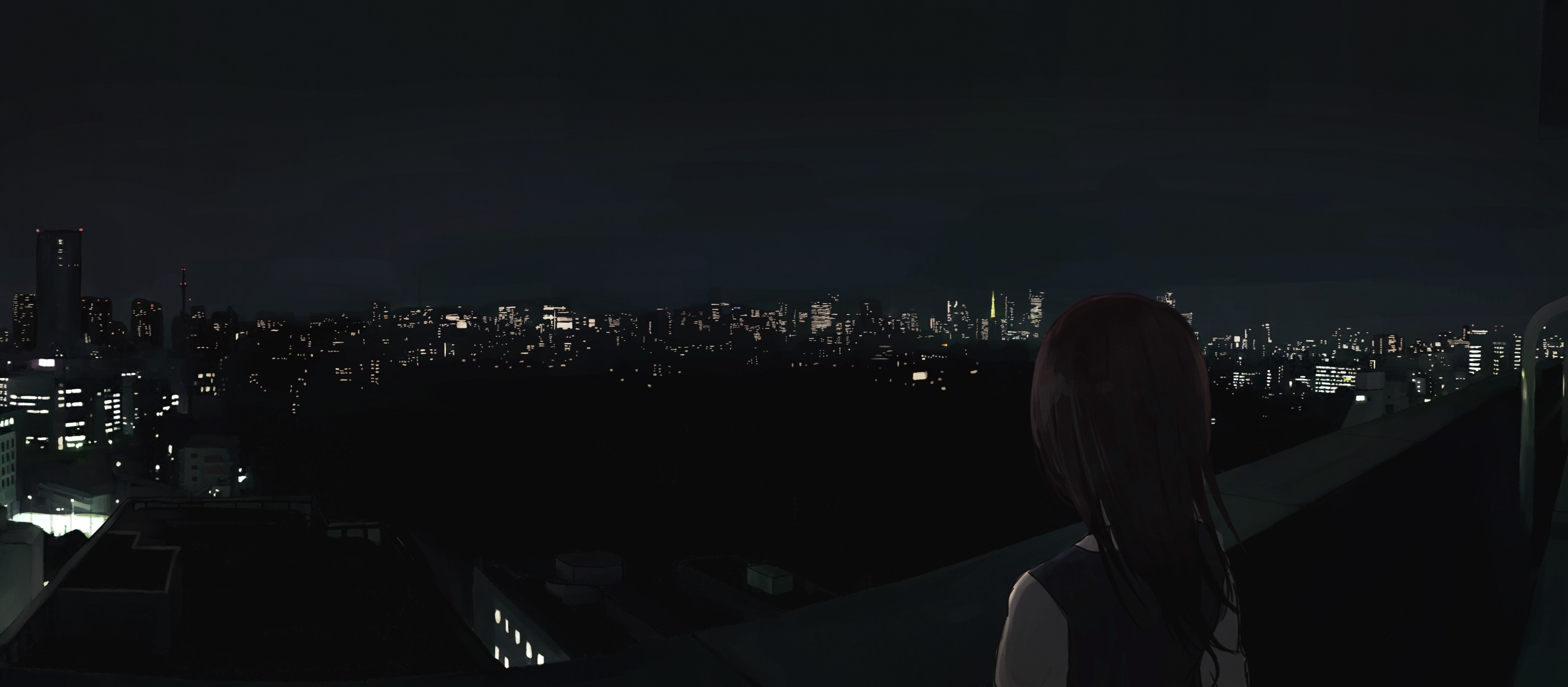 night, city, city lights, dark, rooftops, building, HD Wallpaper