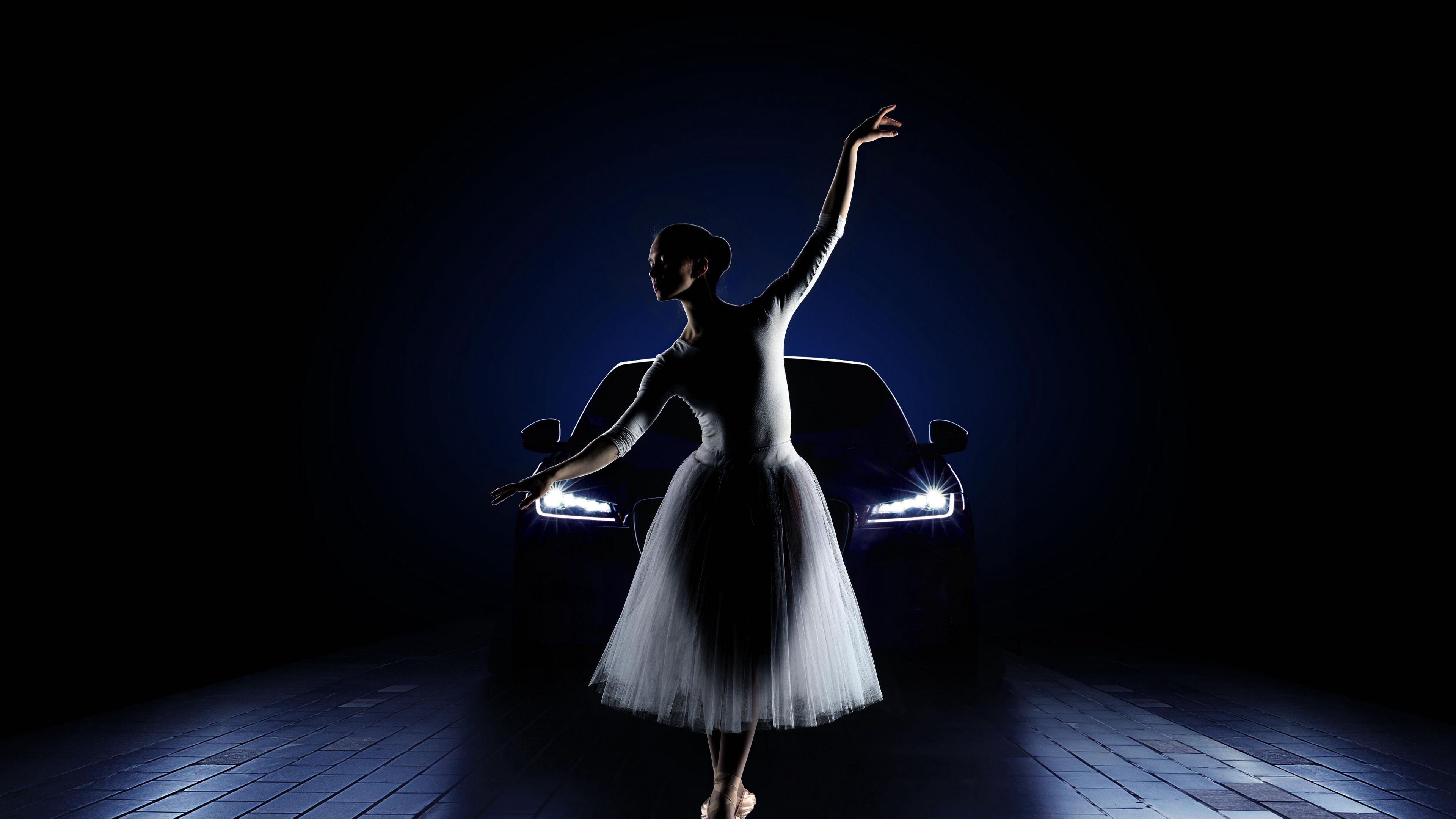 ballerina, car, girl, lights, jaguar, 4k, HD Wallpaper