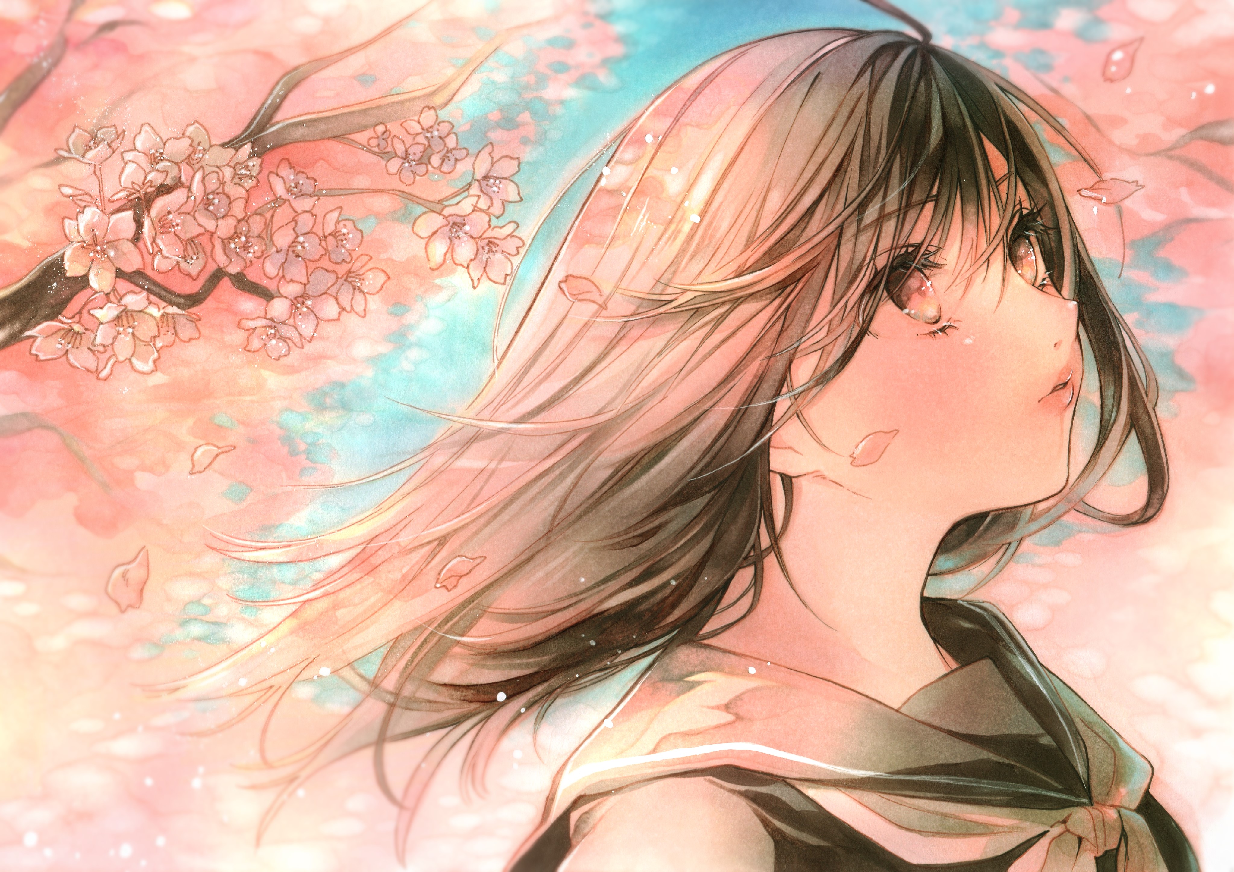 anime, anime girls, original characters, school uniform, flowers, long hair, HD Wallpaper
