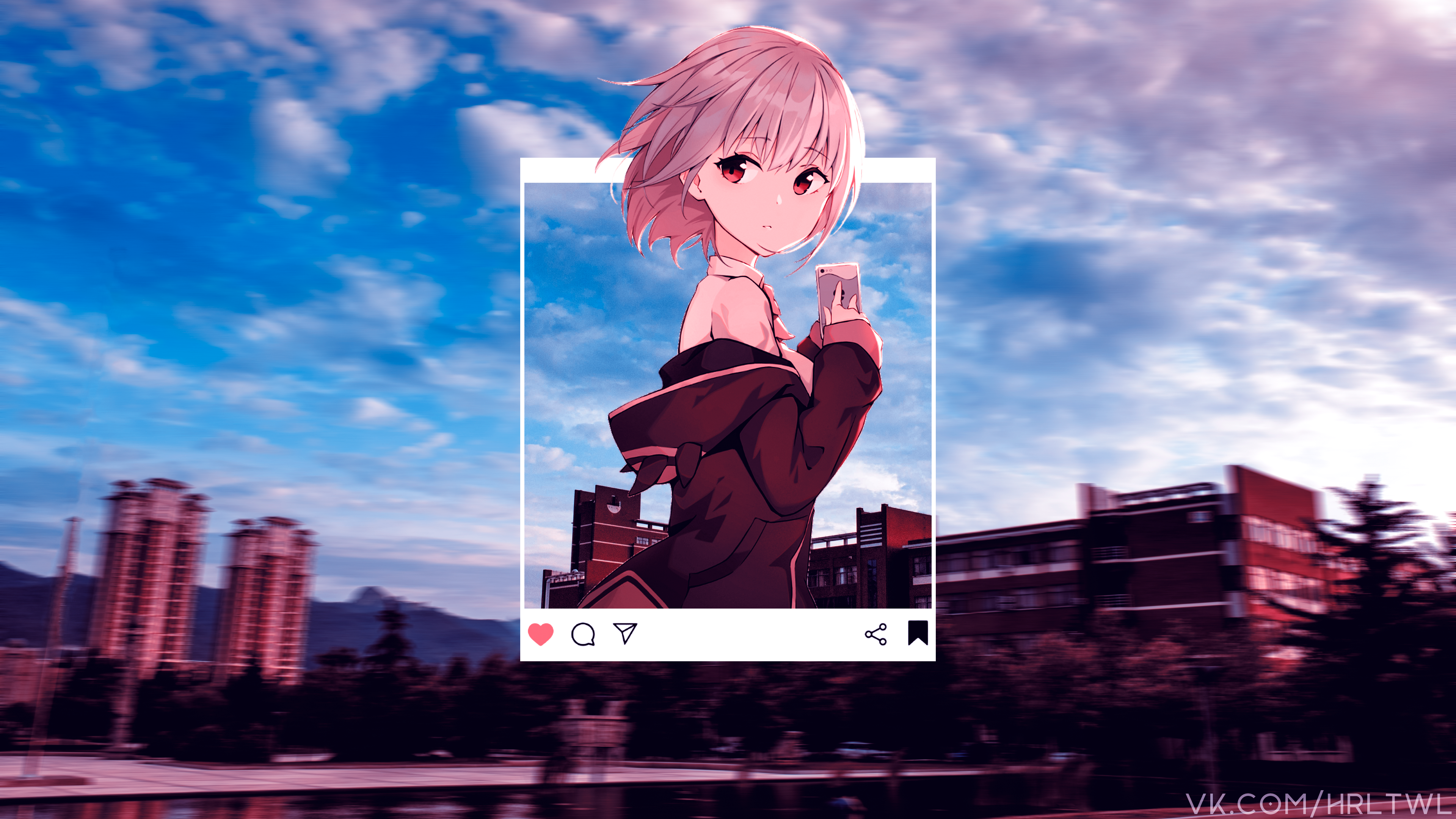 anime, anime girls, red eyes, pink hair, picture-in-picture, HD Wallpaper