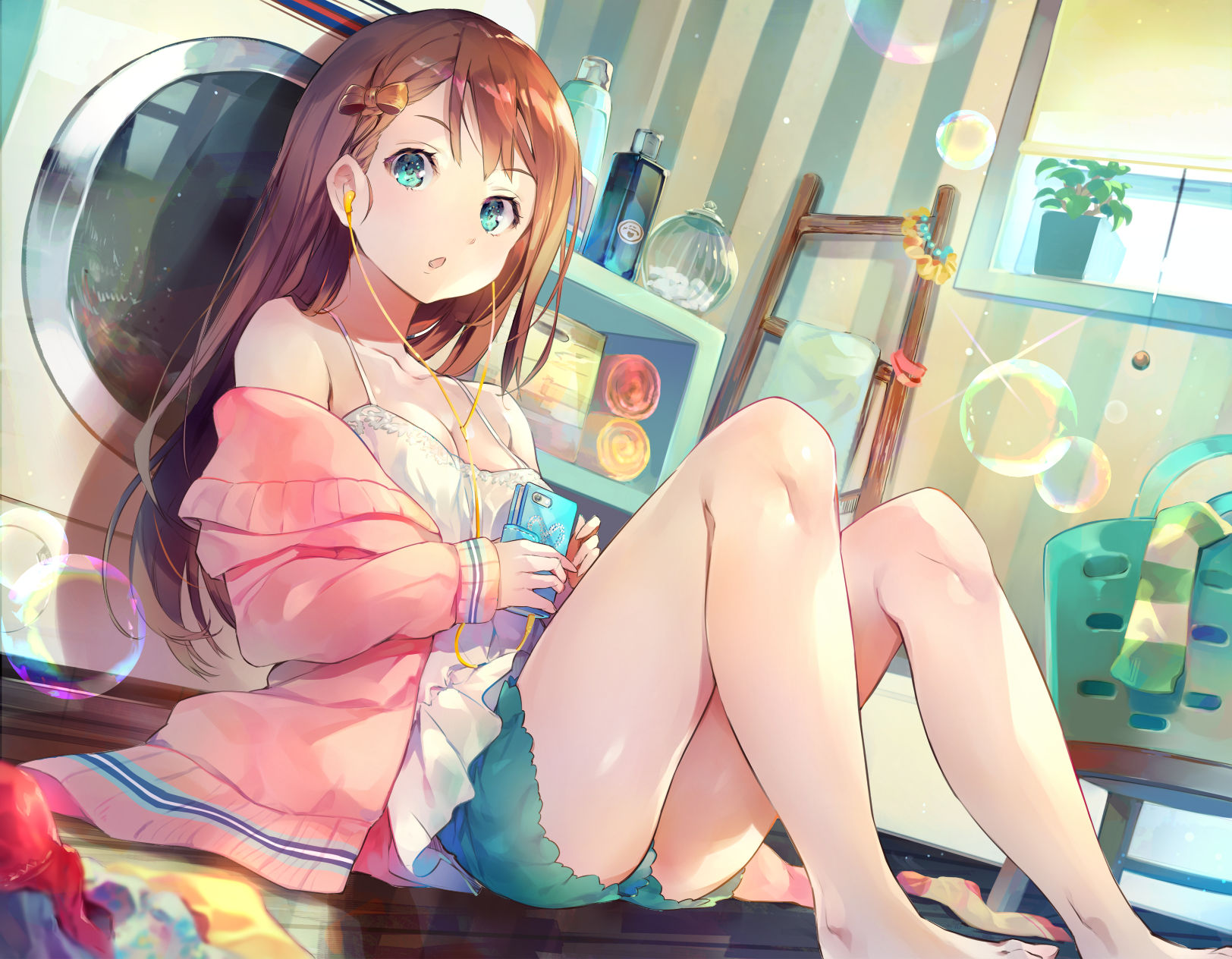 anime girls, original characters, brunette, long hair, hair ornament, hair bows, bangs, blue eyes, looking at viewer, open mouth, earphones, cellphone, tank top, sweater, short shorts, barefoot, sitting, bubbles, laundry, indoors, artwork, 2D, drawing, digital art, anime, HD Wallpaper