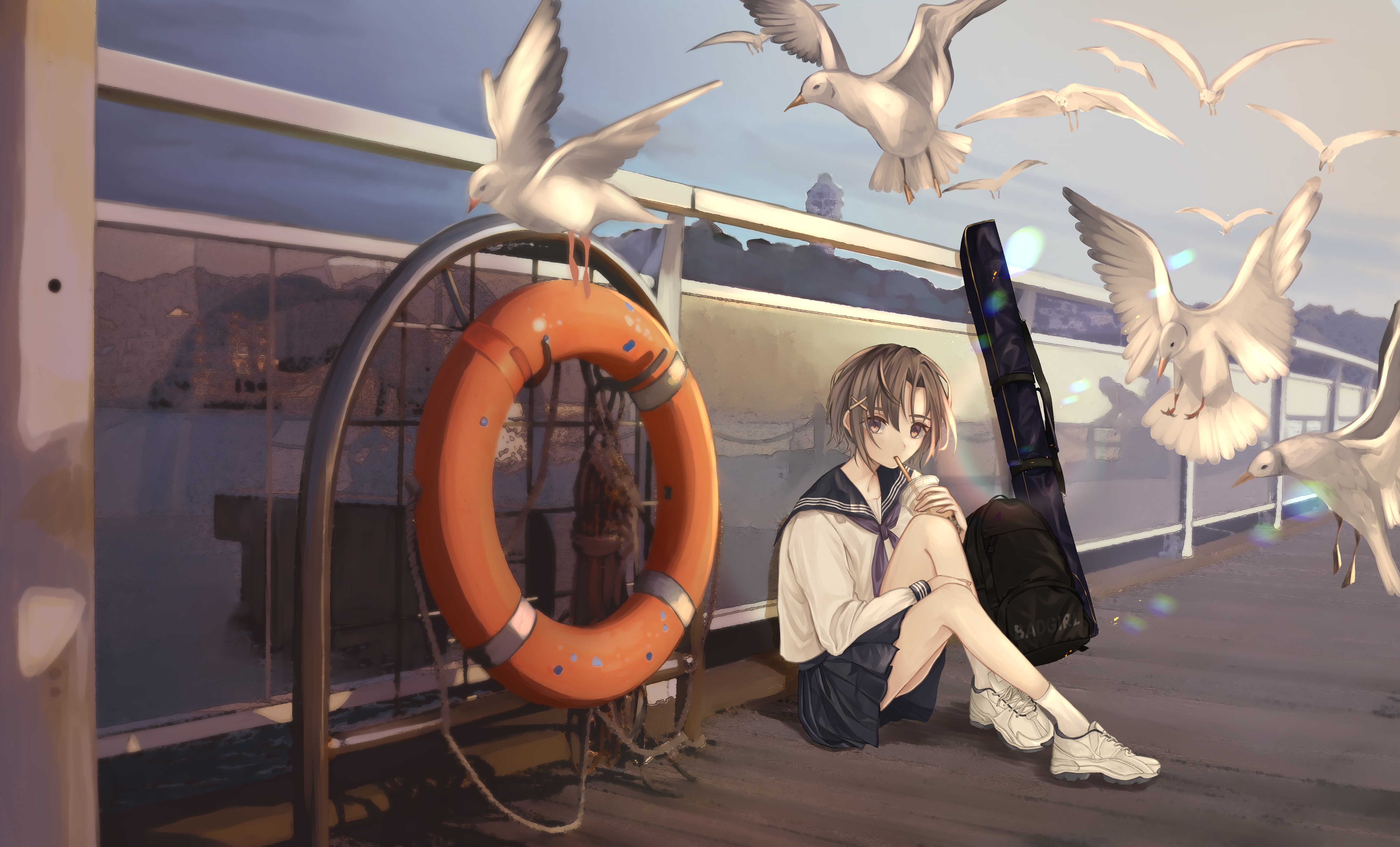 smoking, seagulls, sea, birds, schoolgirl, school uniform, backpacks, fence, anime, HD Wallpaper