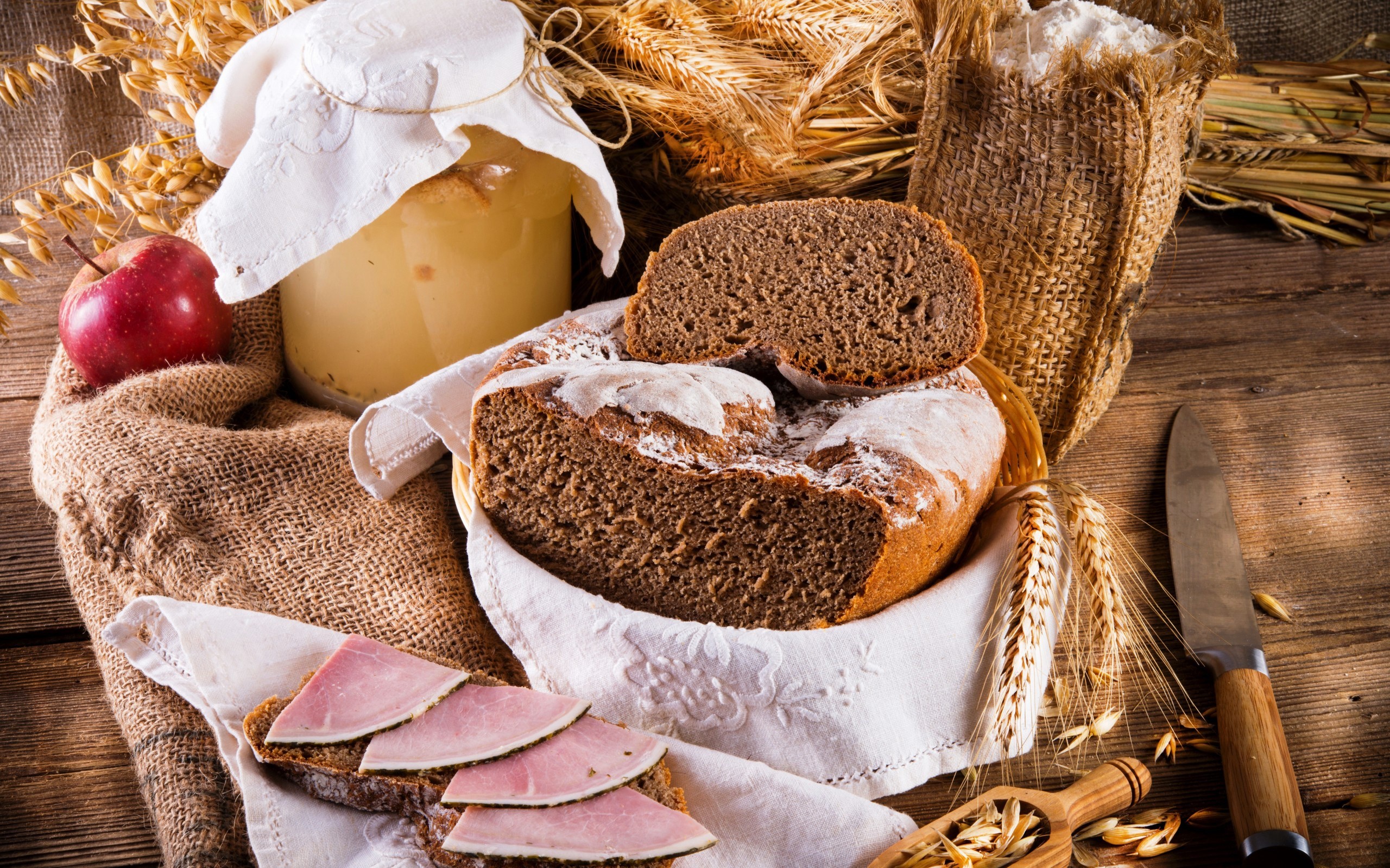 food, bread, knife, apples, ham, pigs, flesh, death, meat, muscles, wooden surface, wheat, jar, HD Wallpaper