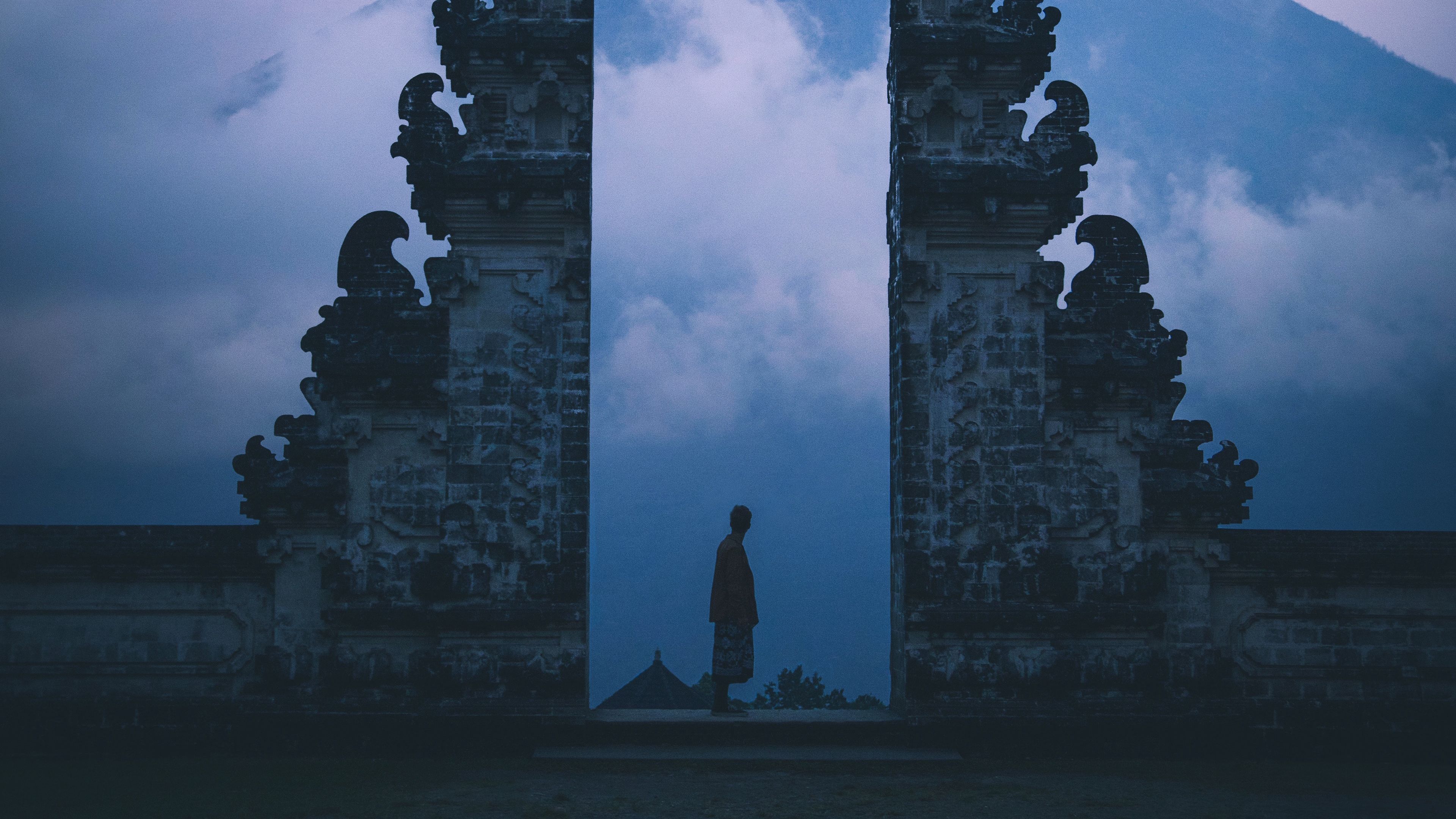 gate, silhouette, loneliness, fog, bali, indonesia, 4k, HD Wallpaper