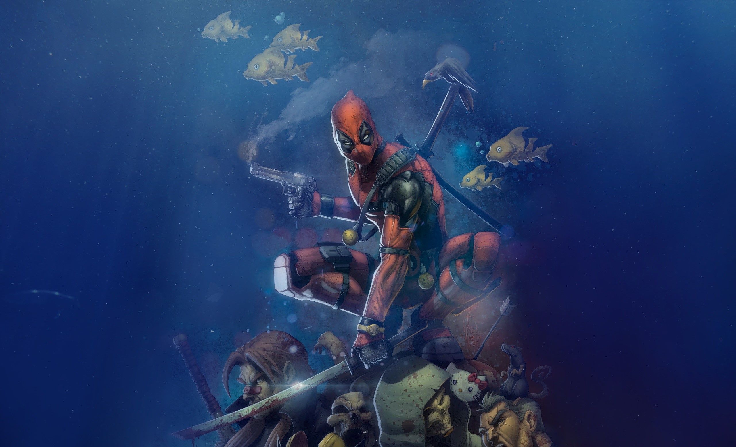 artwork, underwater, Deadpool, antiheroes, HD Wallpaper
