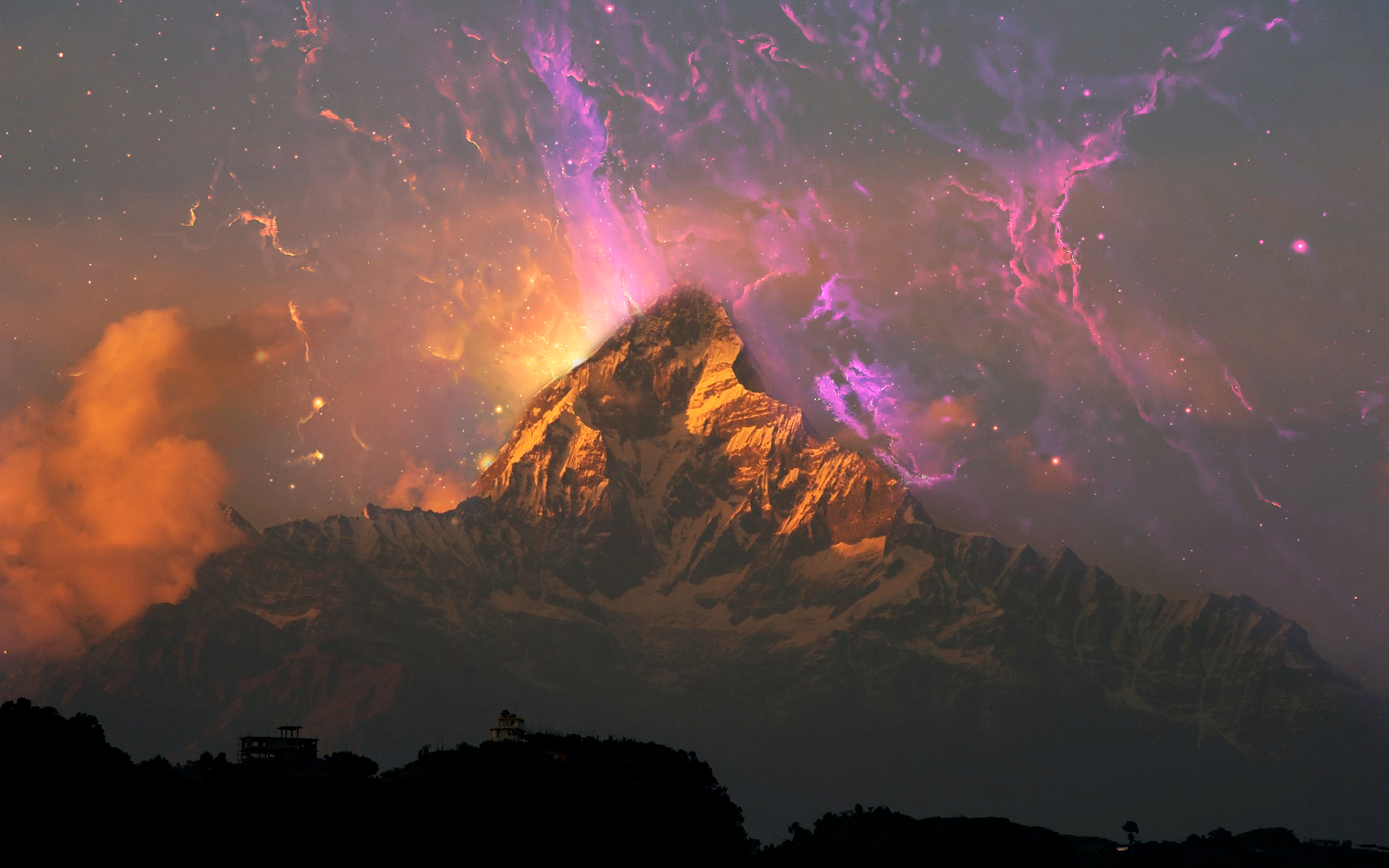 landscape, space, mountains, sky, digital art, HD Wallpaper