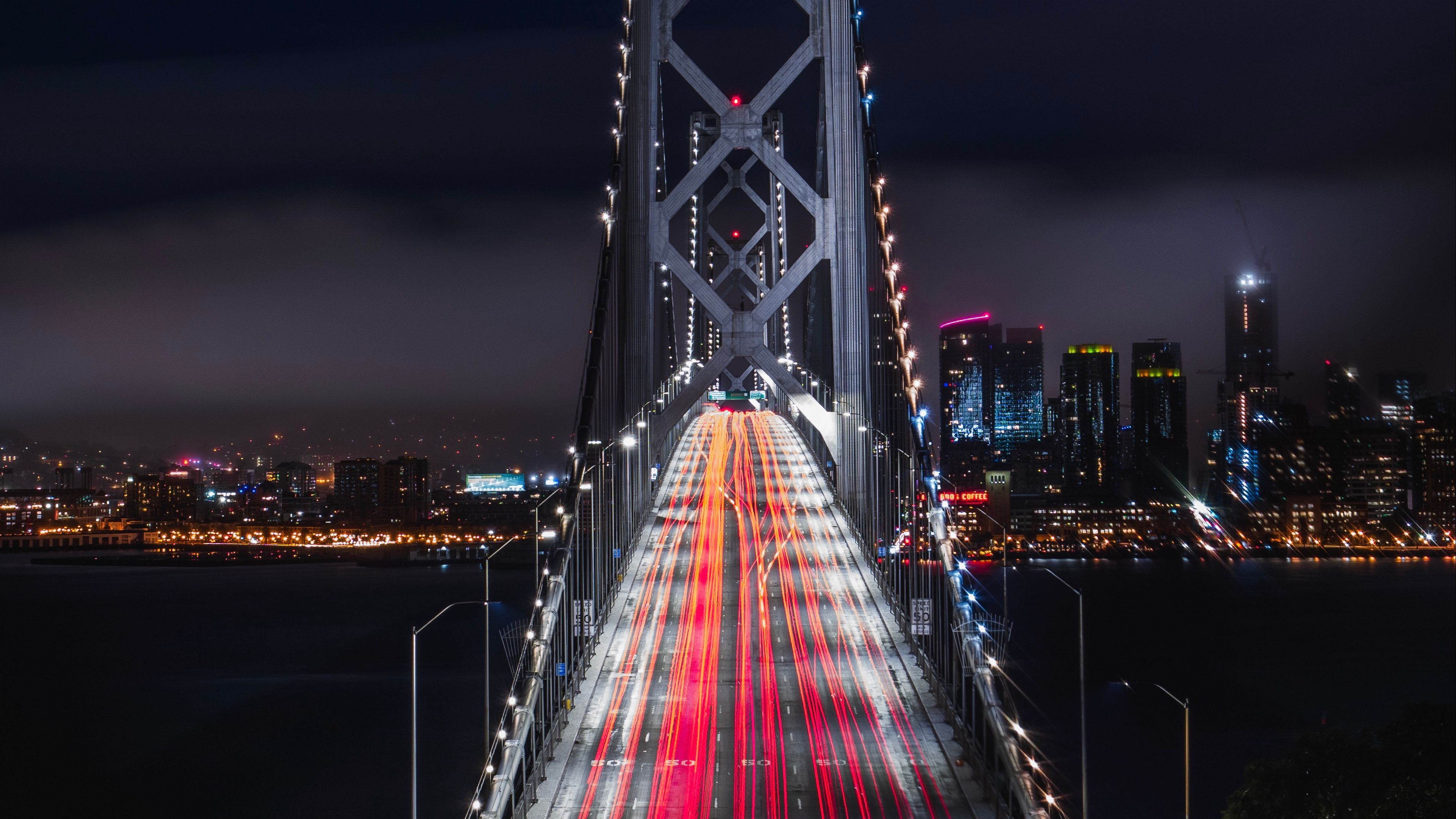 bridge, road, night city, backlight, 4k, HD Wallpaper