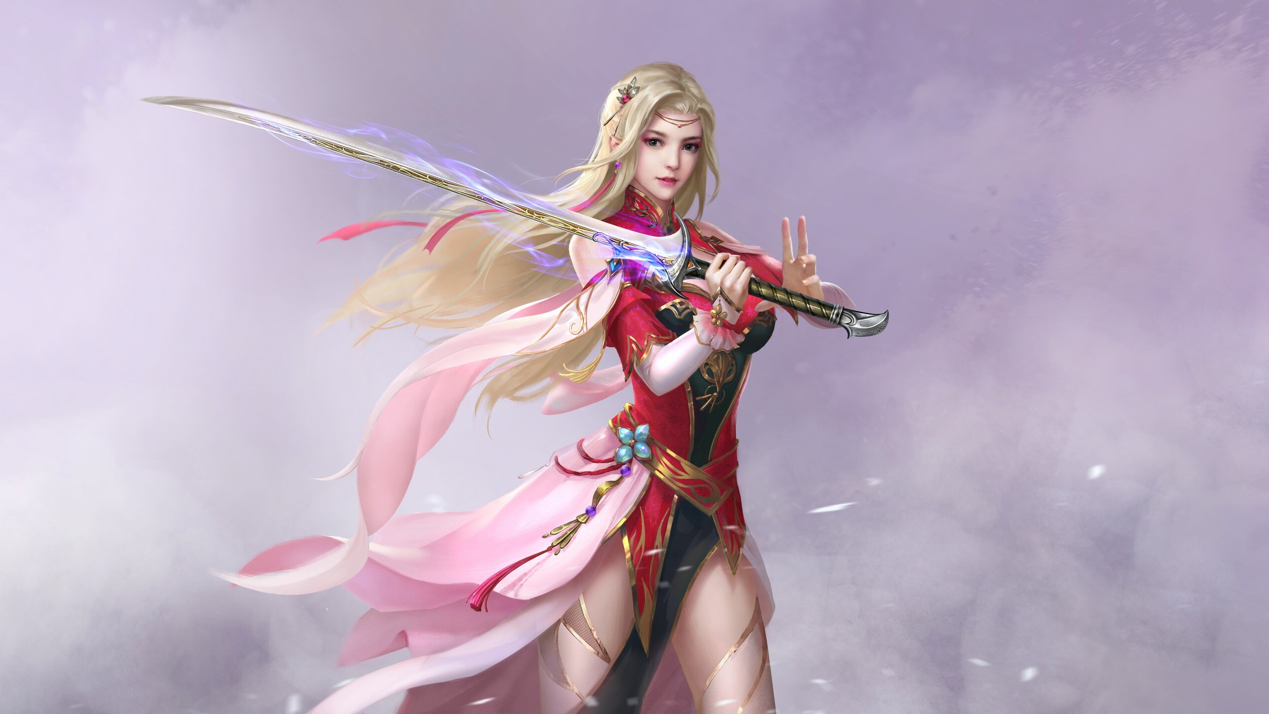 simple background, sword, blonde, weapon, fantasy girl, fantasy art, HD Wallpaper