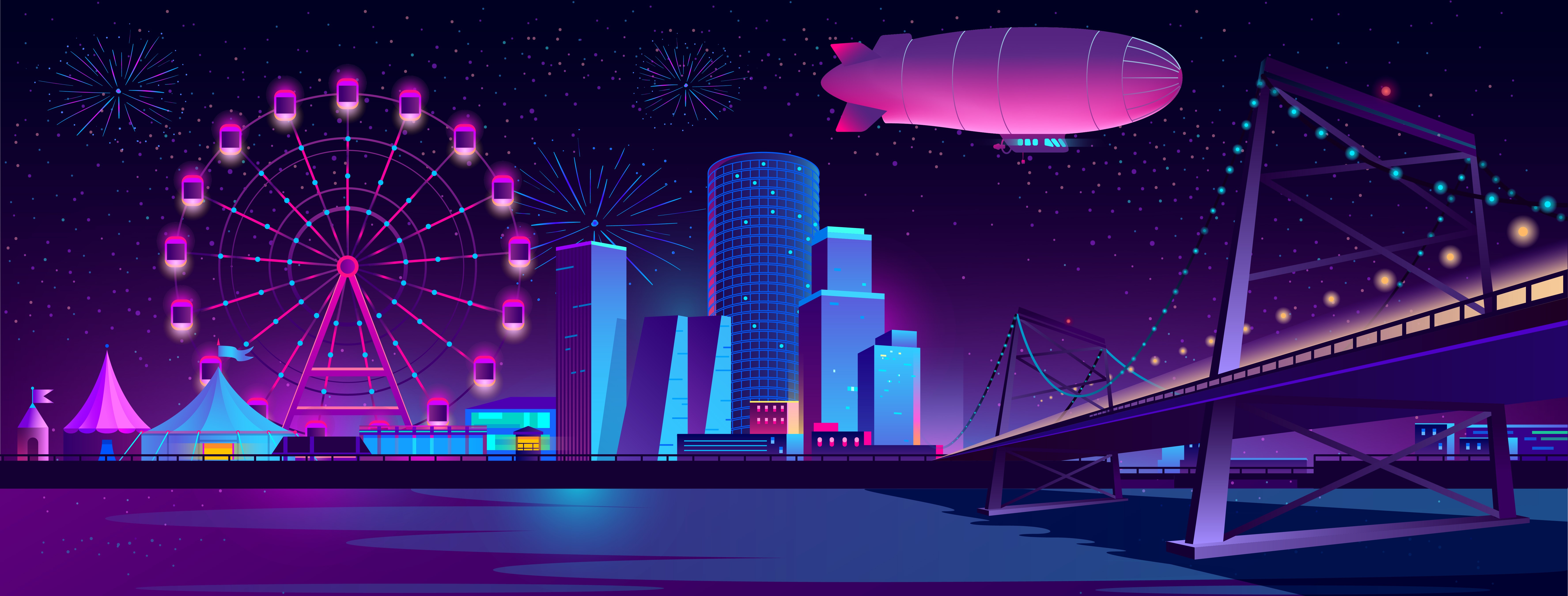 Zeppelin, city, bridge, Carnival, artwork, HD Wallpaper
