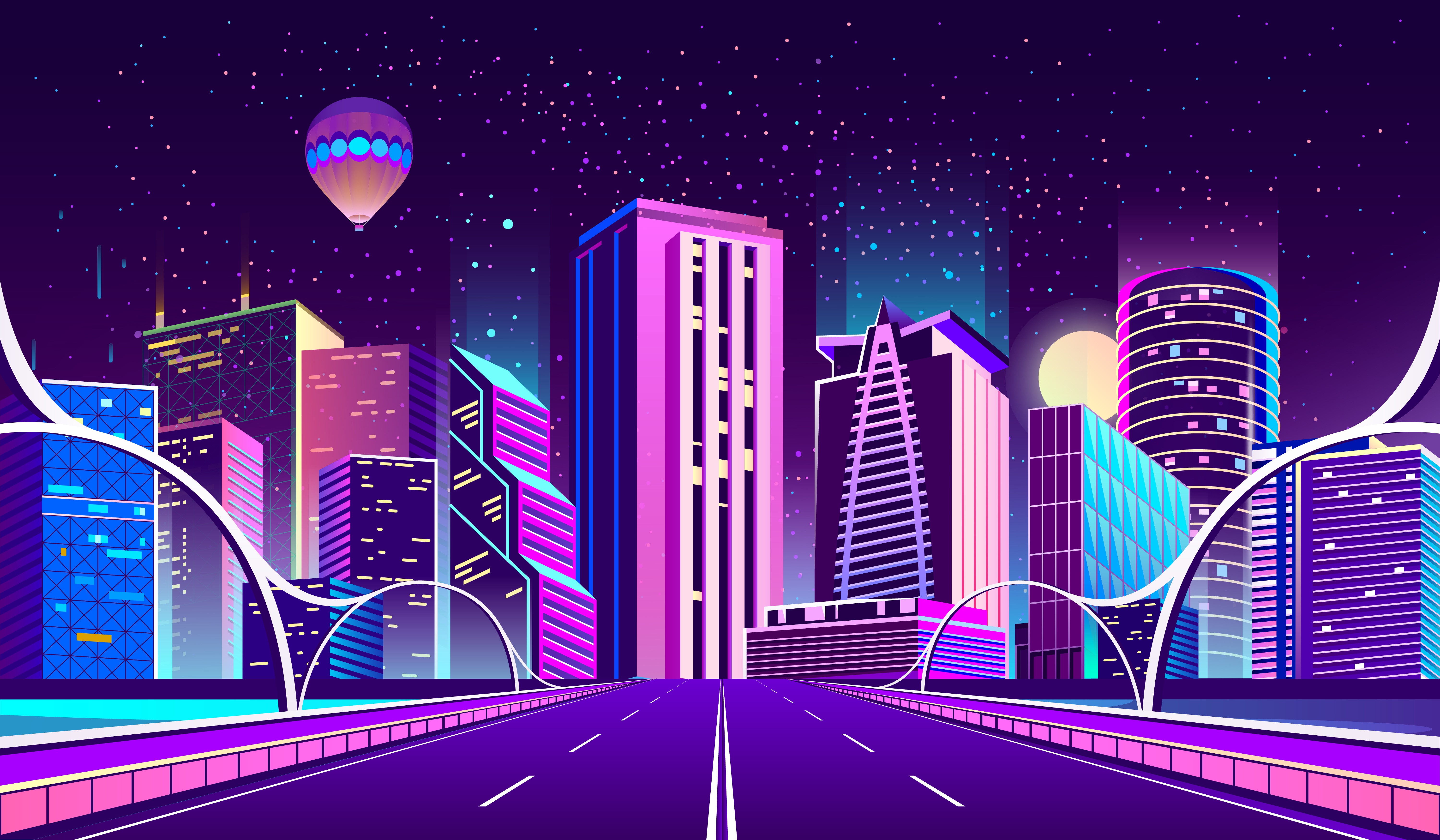 city, road, artwork, night, hot air balloons, HD Wallpaper
