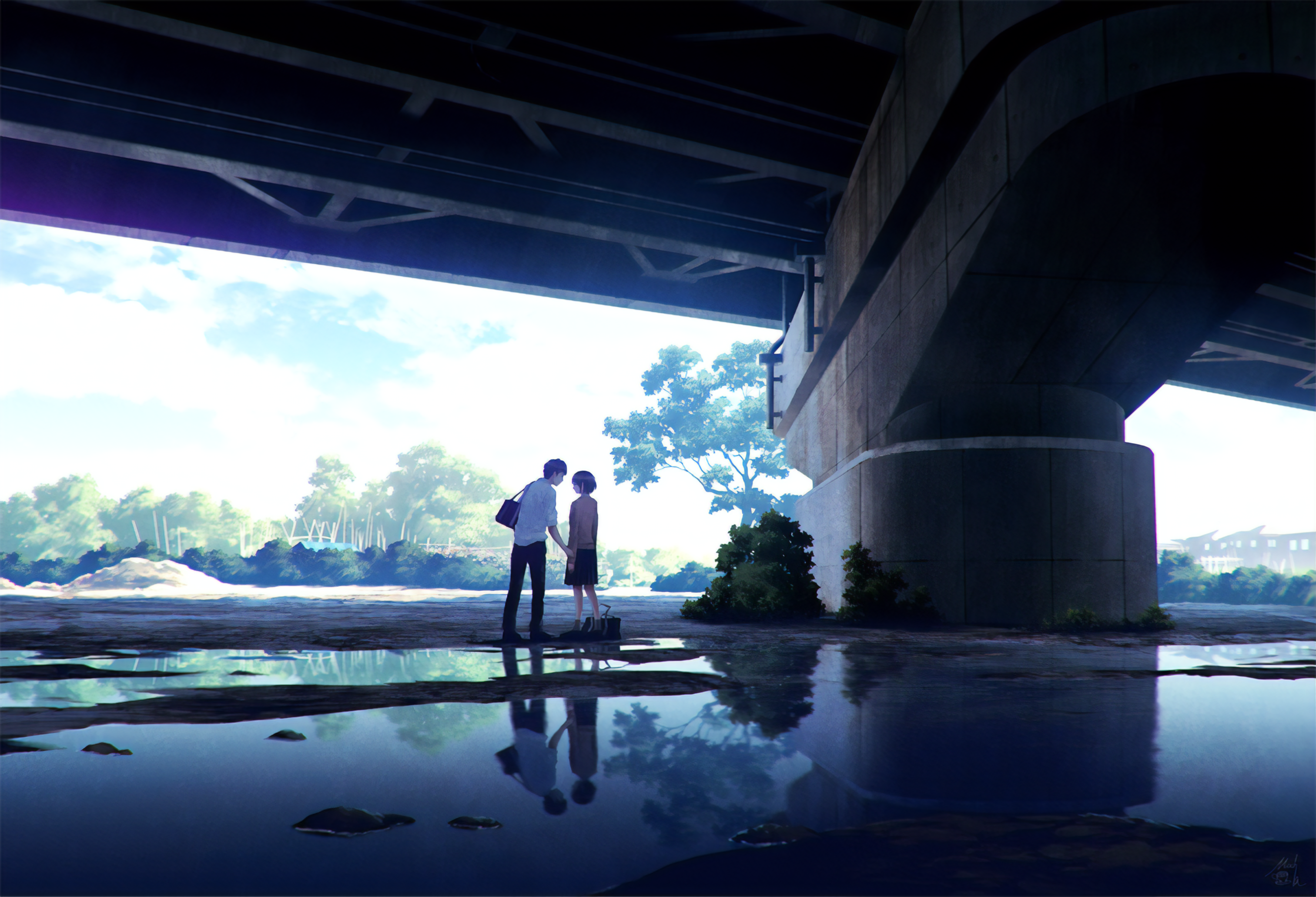 bridge, under bridge, water, puddle, school uniform, trees, sky, clouds, reflection, anime, HD Wallpaper