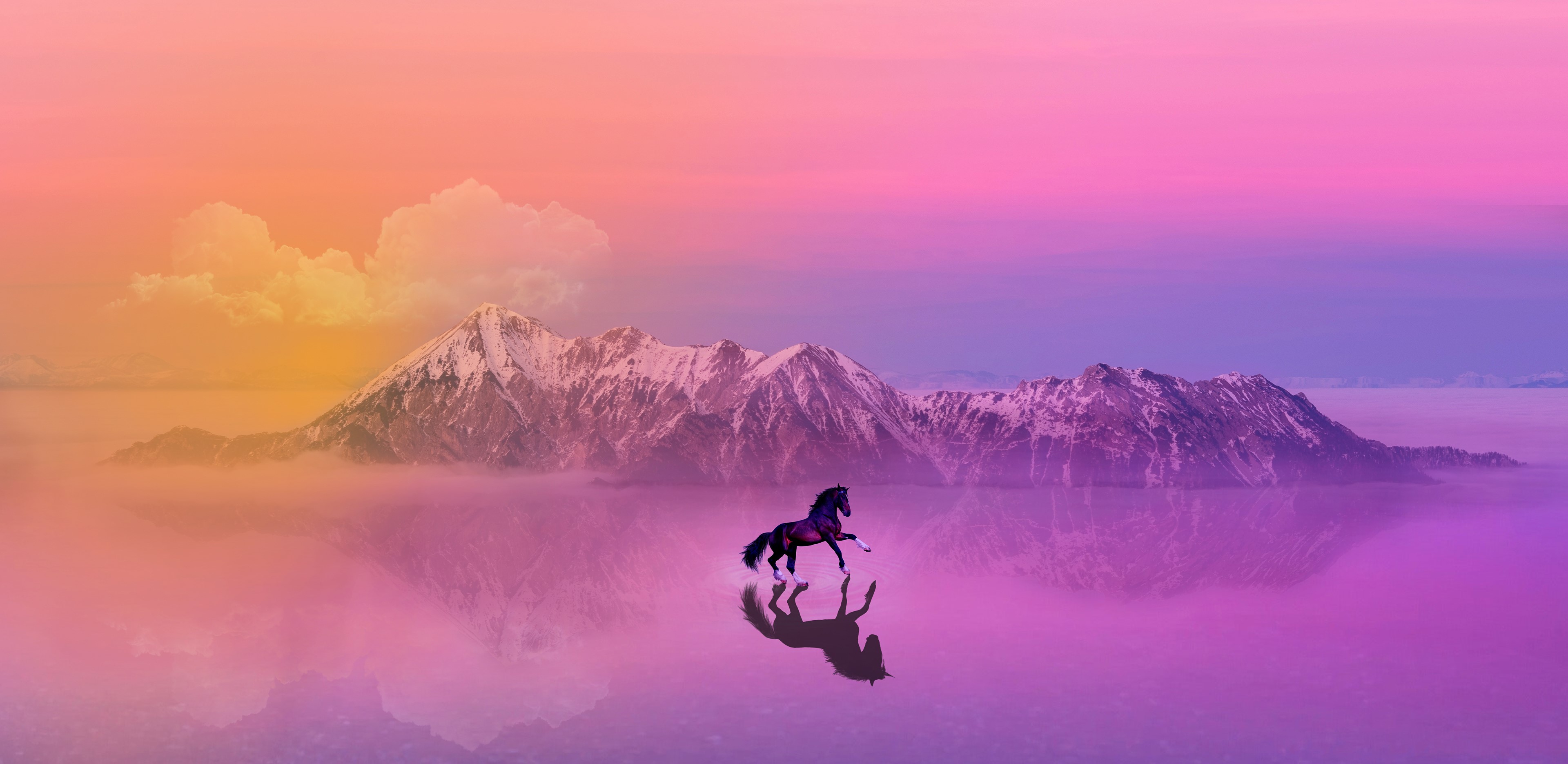 horse, landscape, reflection, sunset, nature, mountains, clouds, pink, blue, HD Wallpaper