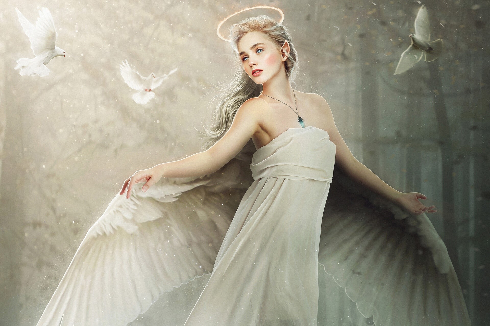 fantasy girl, fantasy art, artwork, wings, angel, bare shoulders, necklace, HD Wallpaper