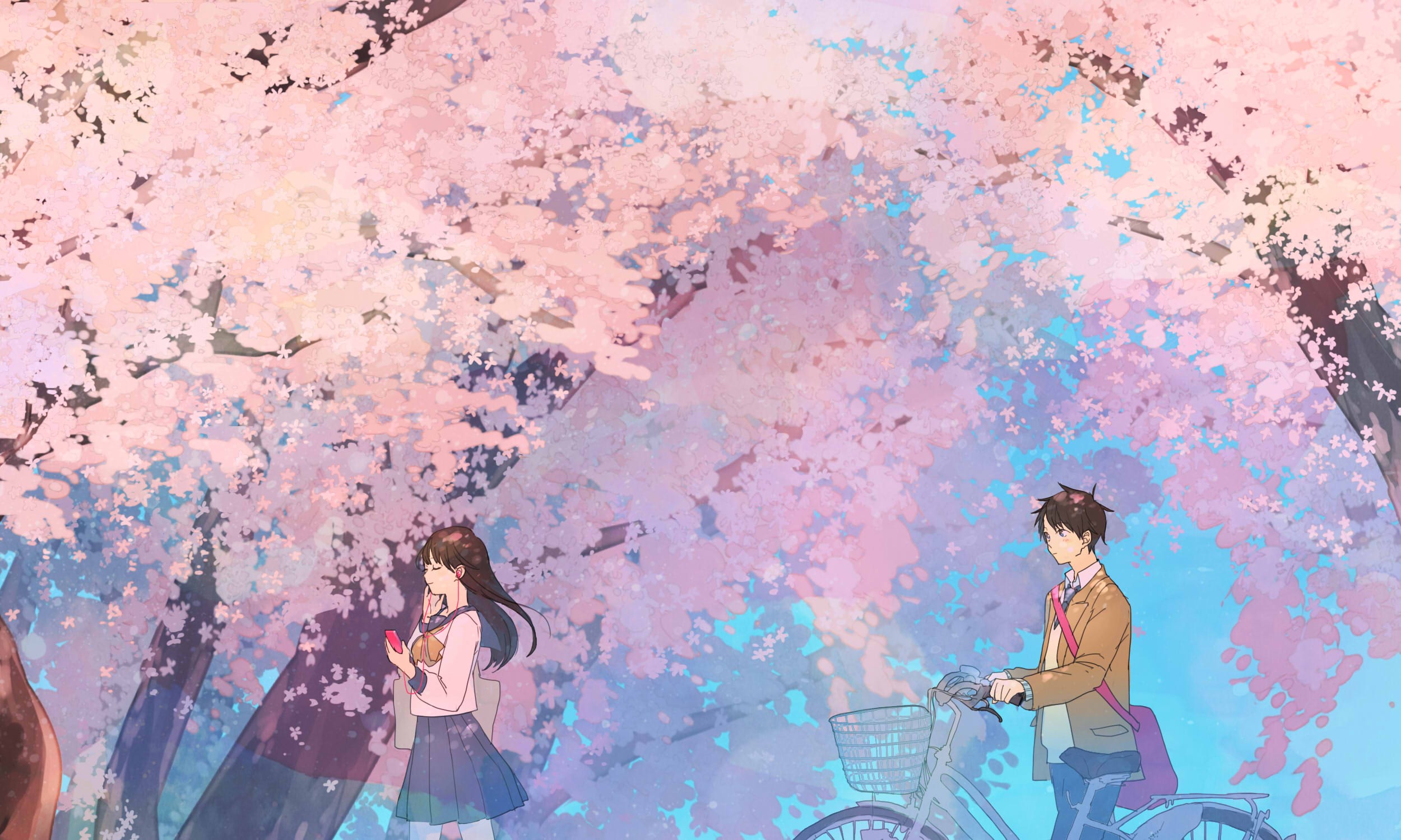 cherry blossom, nature, spring, sailor uniform, school uniform, bicycle, earphones, blushing, trees, anime, HD Wallpaper