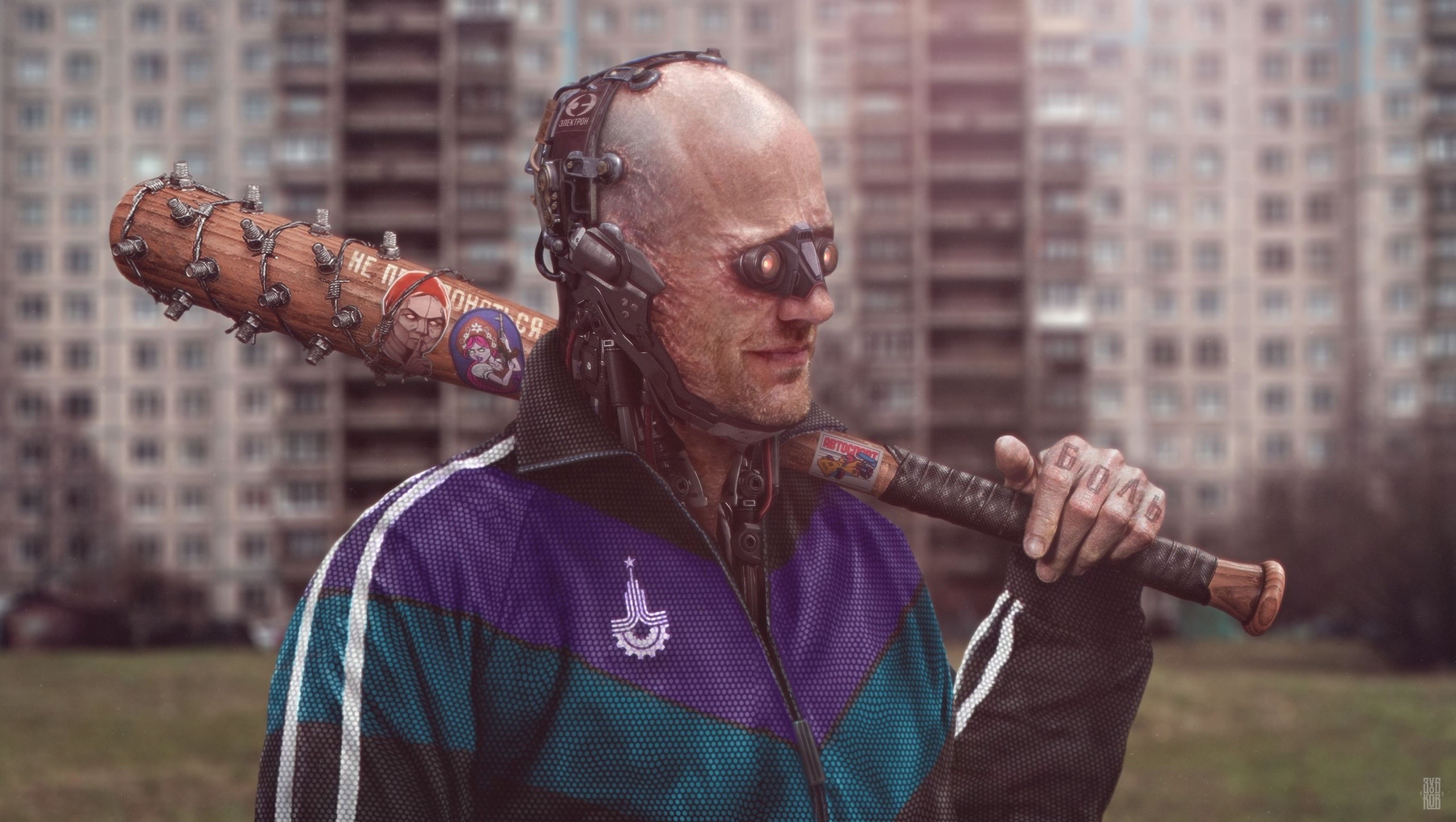 cyborg, men, baseball bat, futuristic, Evgeny Zubkov, cyberpunk, HD Wallpaper