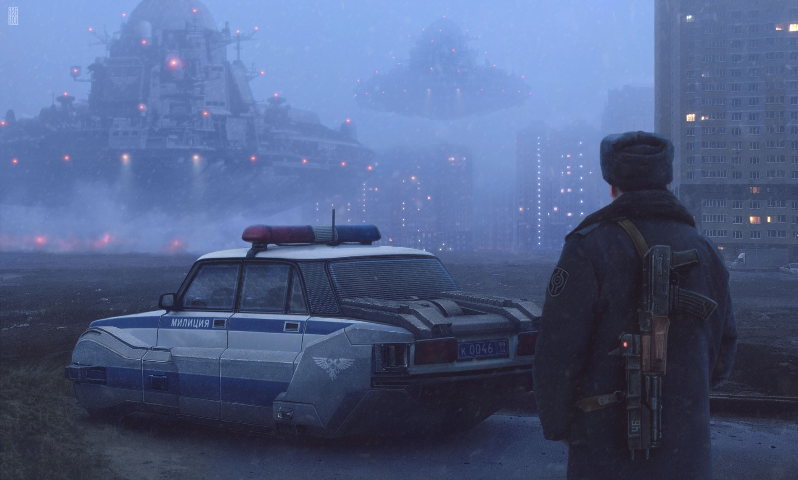 Russia, futuristic, police, artwork, weapon, futuristic city, vehicle, HD Wallpaper