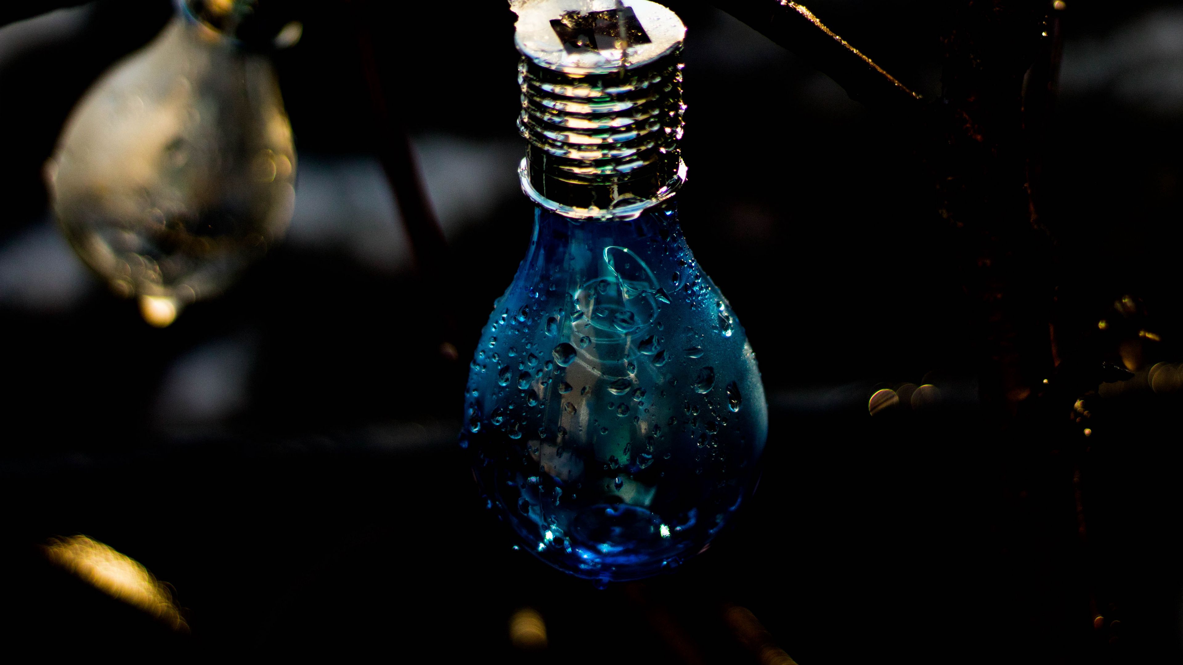 light bulb, drops, moisture, dark, 4k, HD Wallpaper