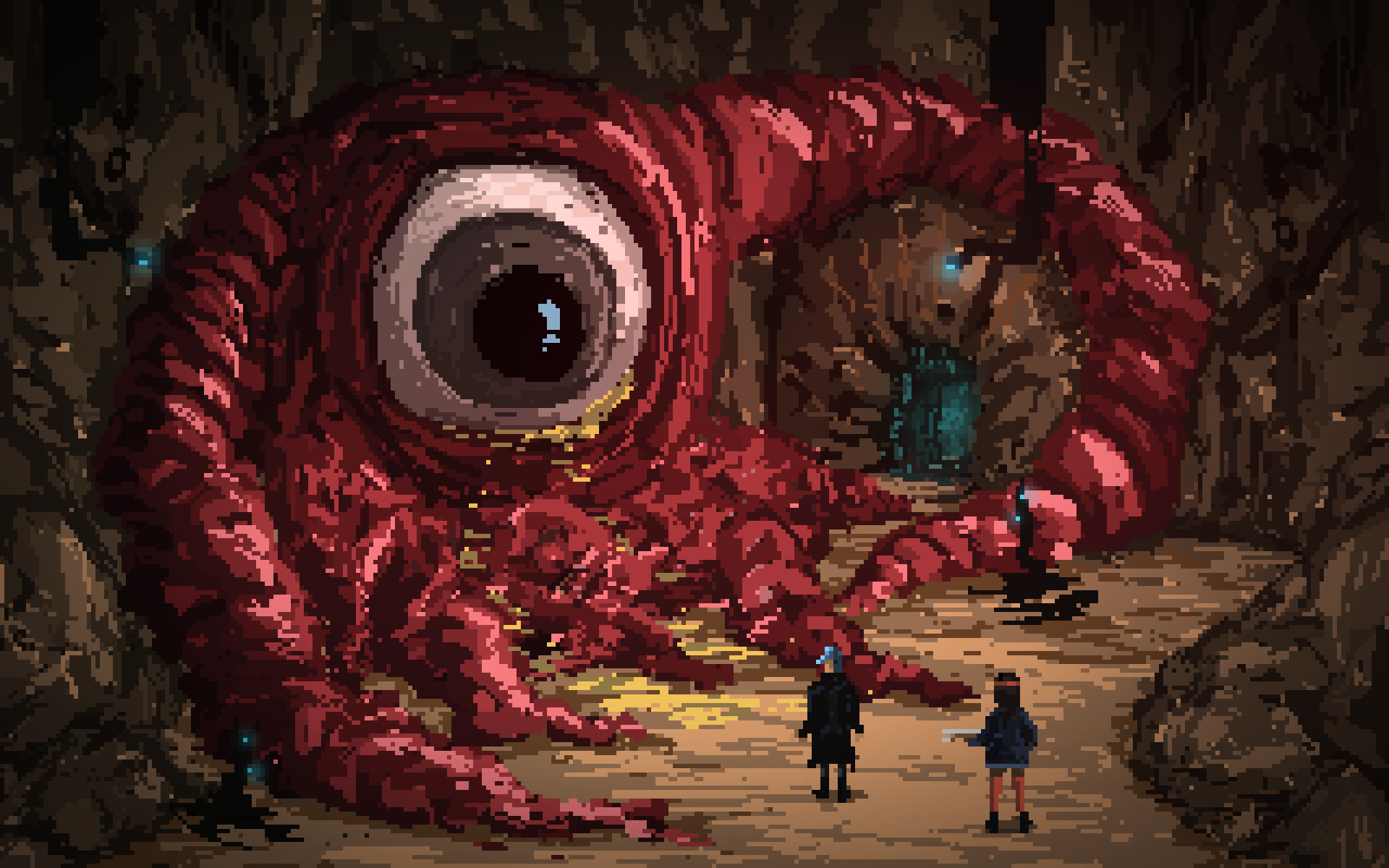digital art, pixel art, pixels, pixelated, creature, retro games, cave, video games, tentacles, eyeball, eyes, HD Wallpaper