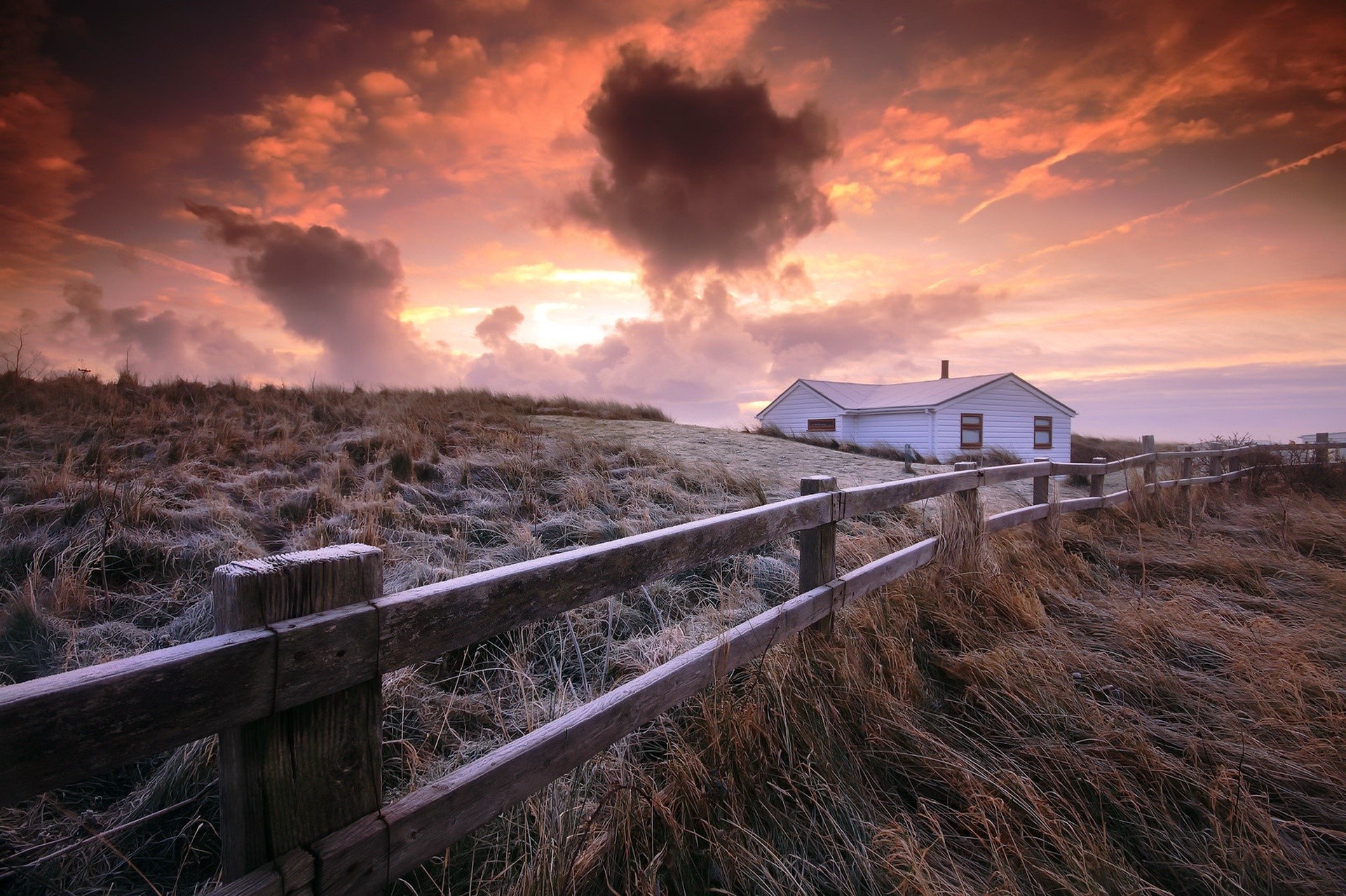 landscape, fence, house, sky, sunlight, HD Wallpaper