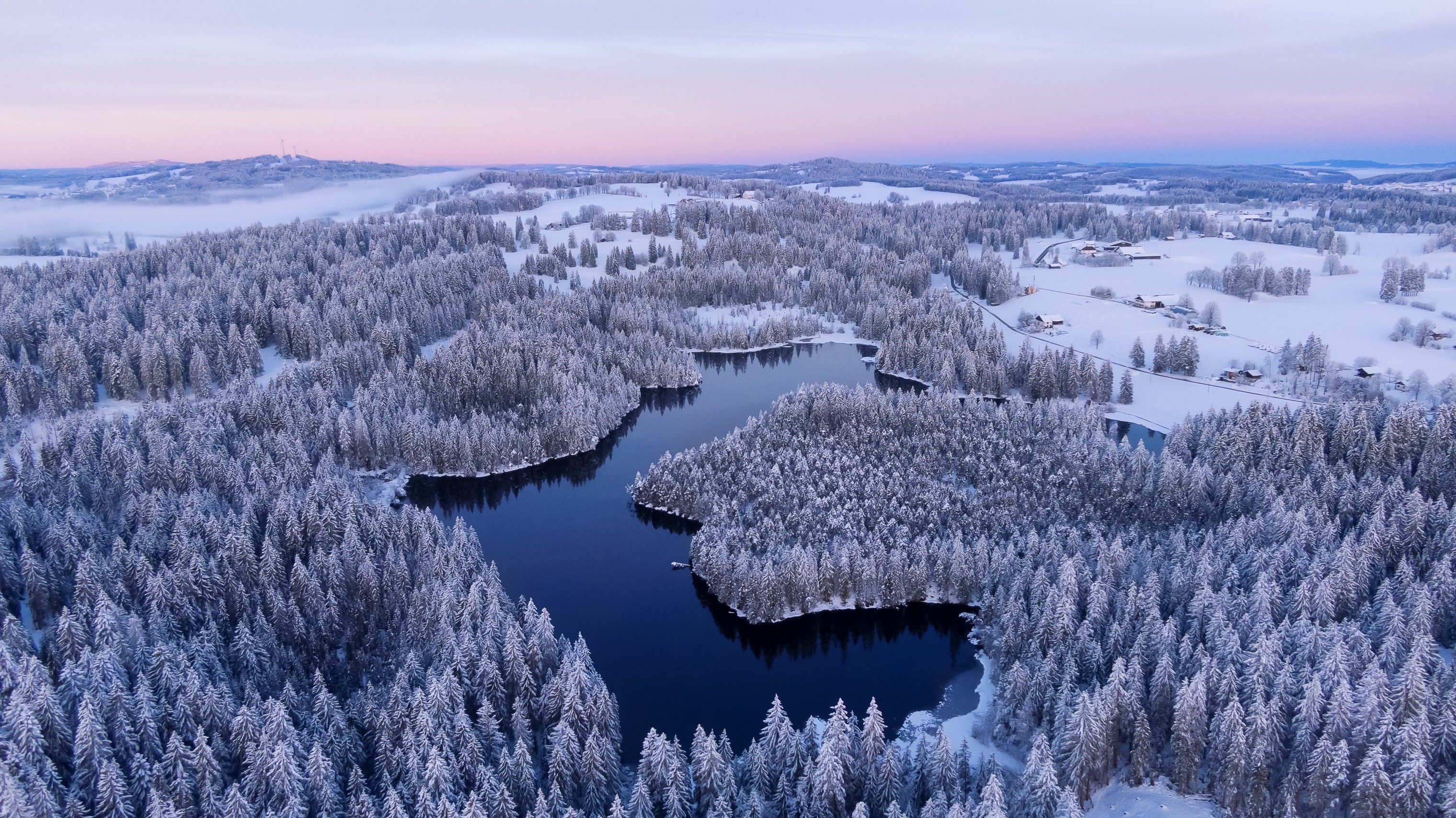 nature, landscape, water, trees, winter, snow, lake, mist, aerial view, calm, calm waters, blue, HD Wallpaper