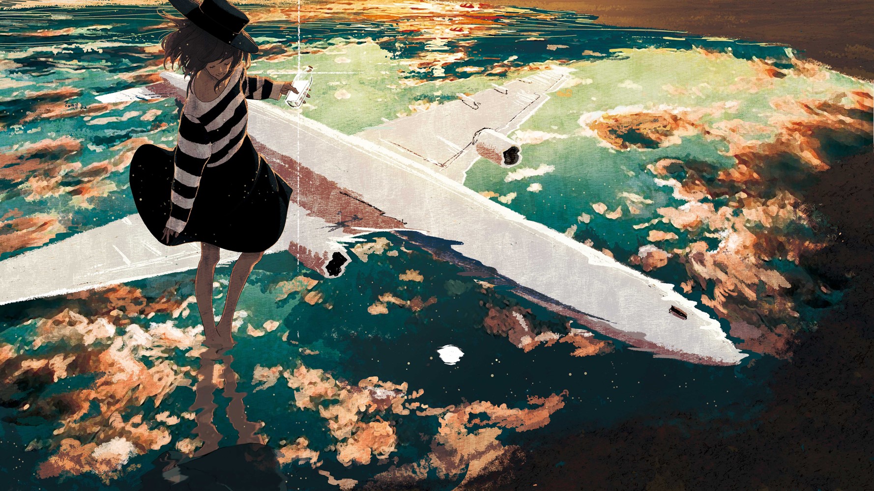 anime, anime girls, reflection, water, barefoot, airplane, hat, closed eyes, HD Wallpaper