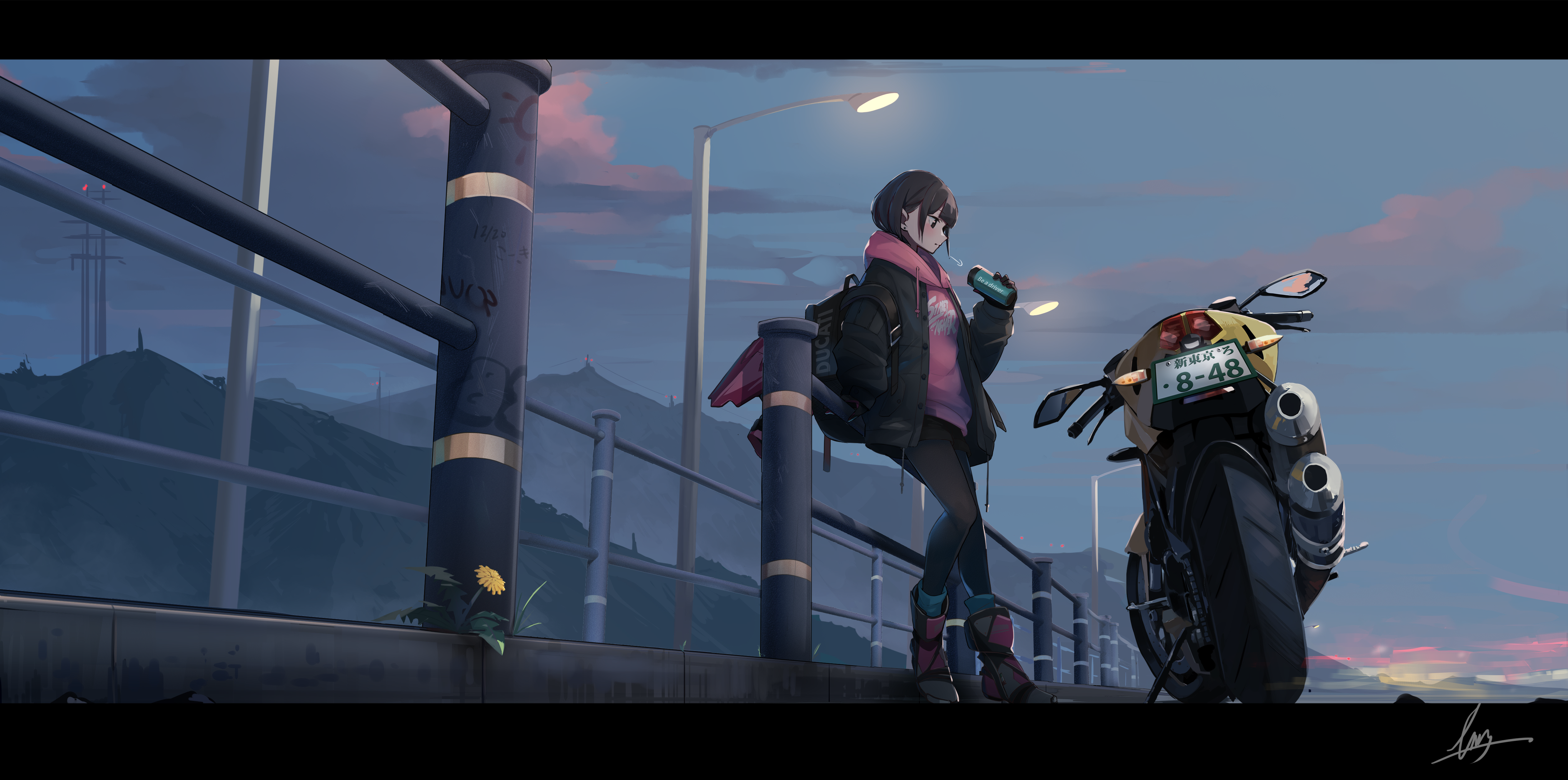 anime, motorcycle, scarf, jacket, boots, street light, clouds, fence, Street Fighter, HD Wallpaper