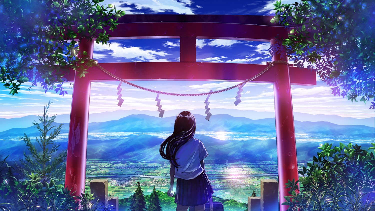 shrine, landscape, high view, summer, plants, trees, mountains, sky, clouds, anime, HD Wallpaper