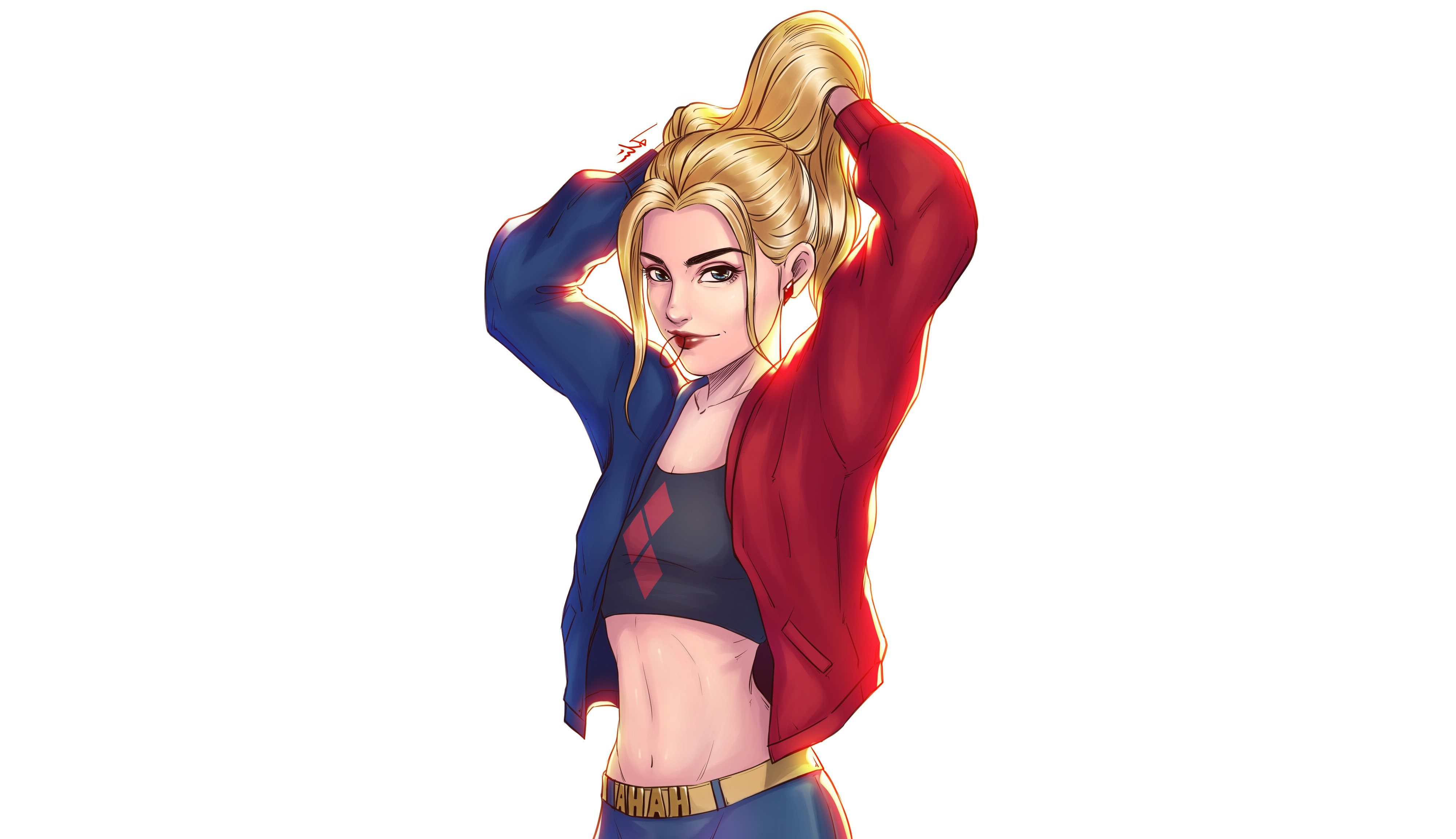 belly, women, blonde, artwork, simple background, white background, Harley Quinn, HD Wallpaper