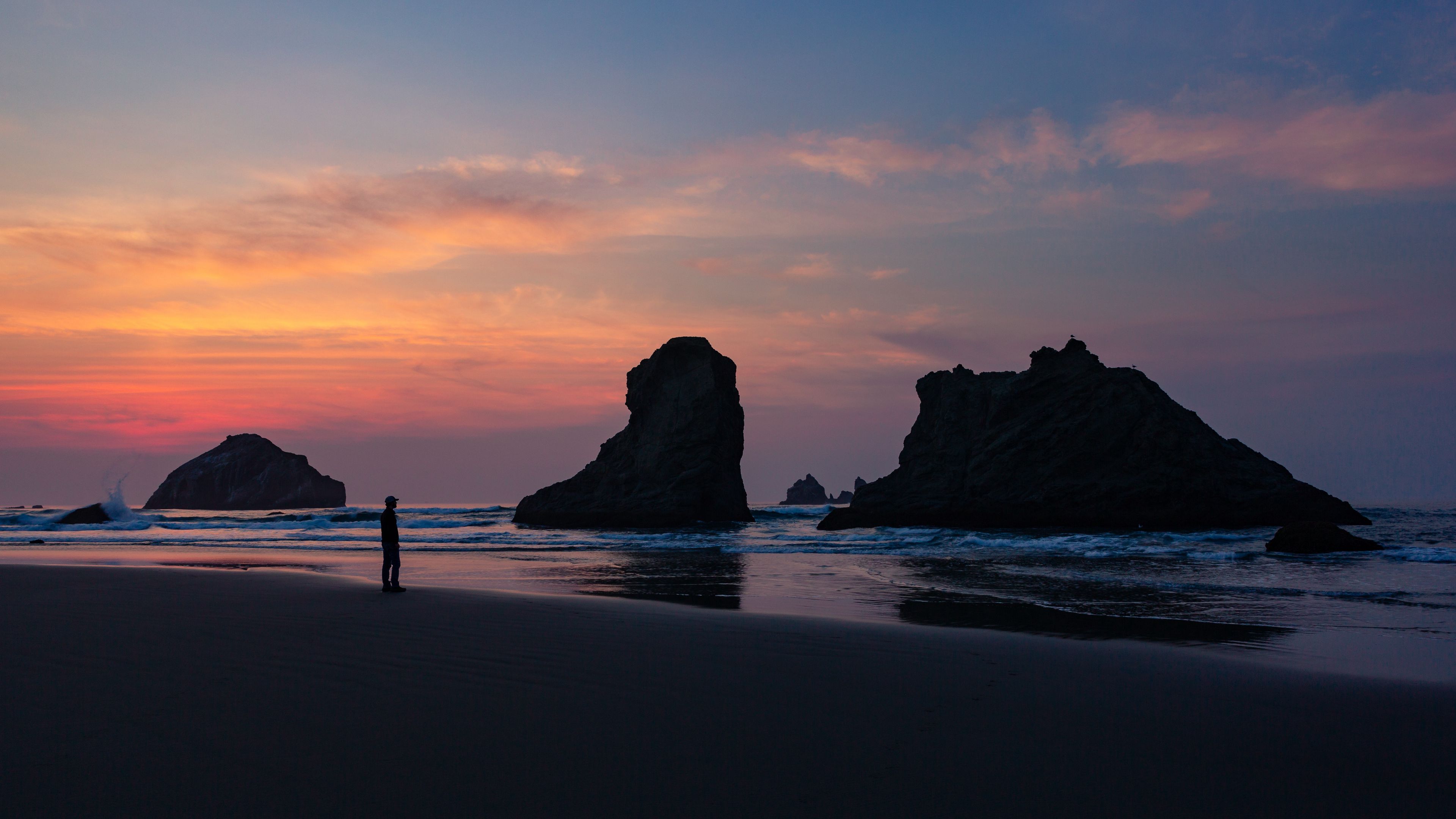 ocean, silhouette, sunset, rocks, loneliness, 4k, HD Wallpaper