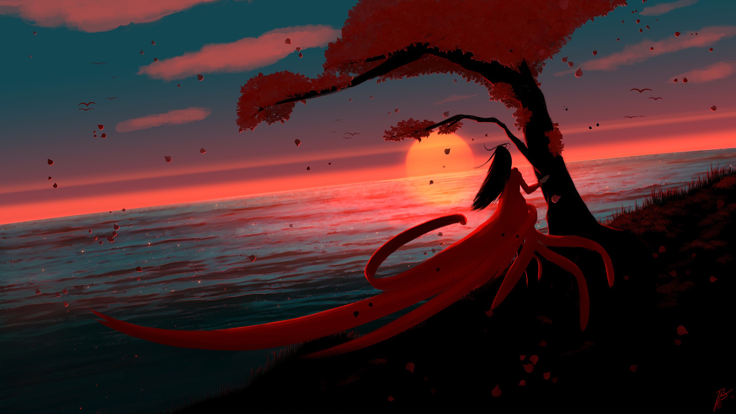 sunset, landscape, JoeyJazz, trees, sea, HD Wallpaper