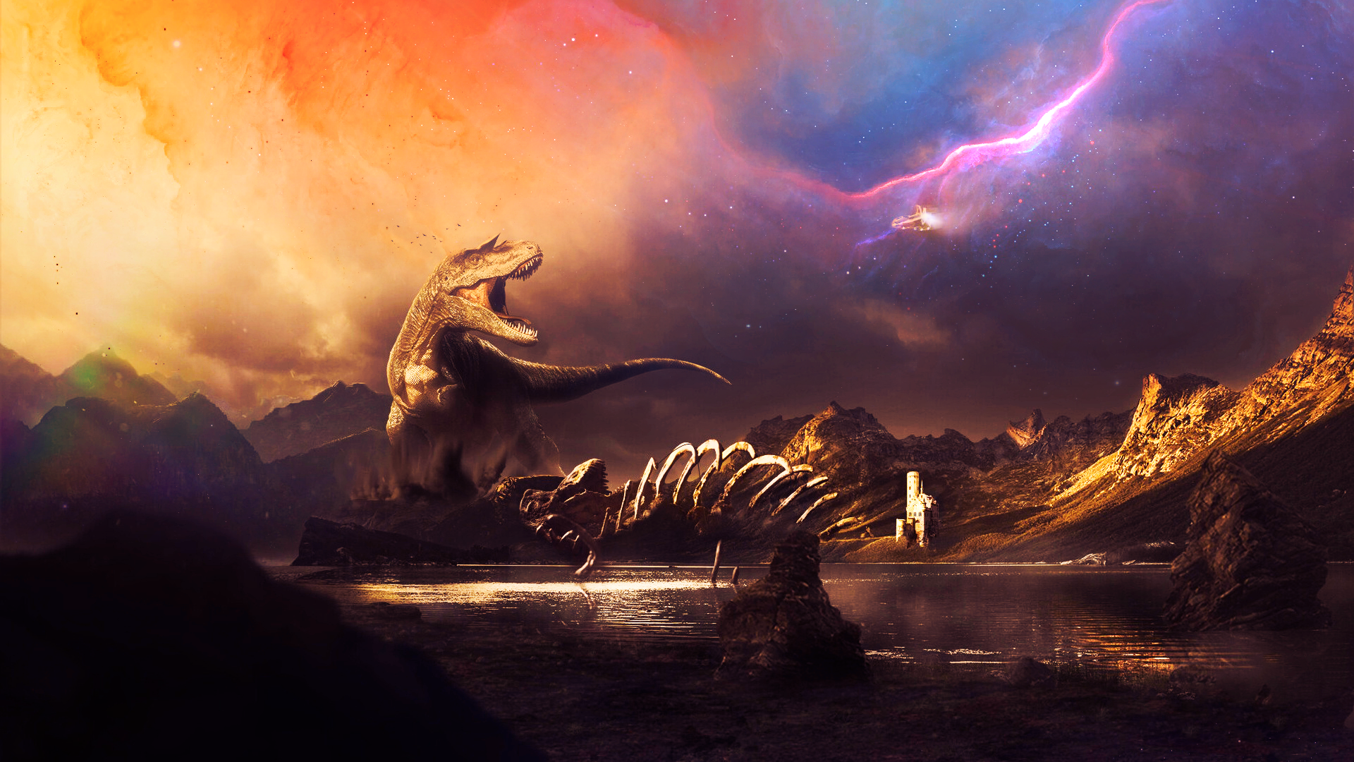 galaxy, dinosaurs, planet, space, nebula, fossils, HD Wallpaper