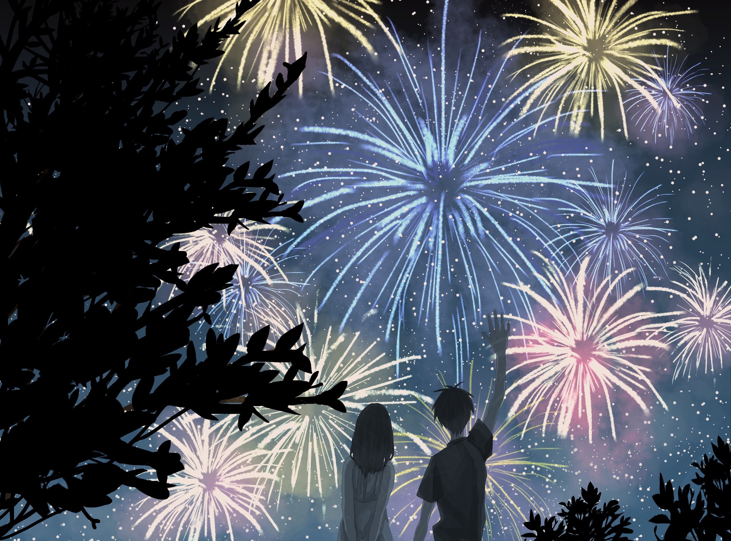fireworks, sky, plants, anime, stars, summer, HD Wallpaper