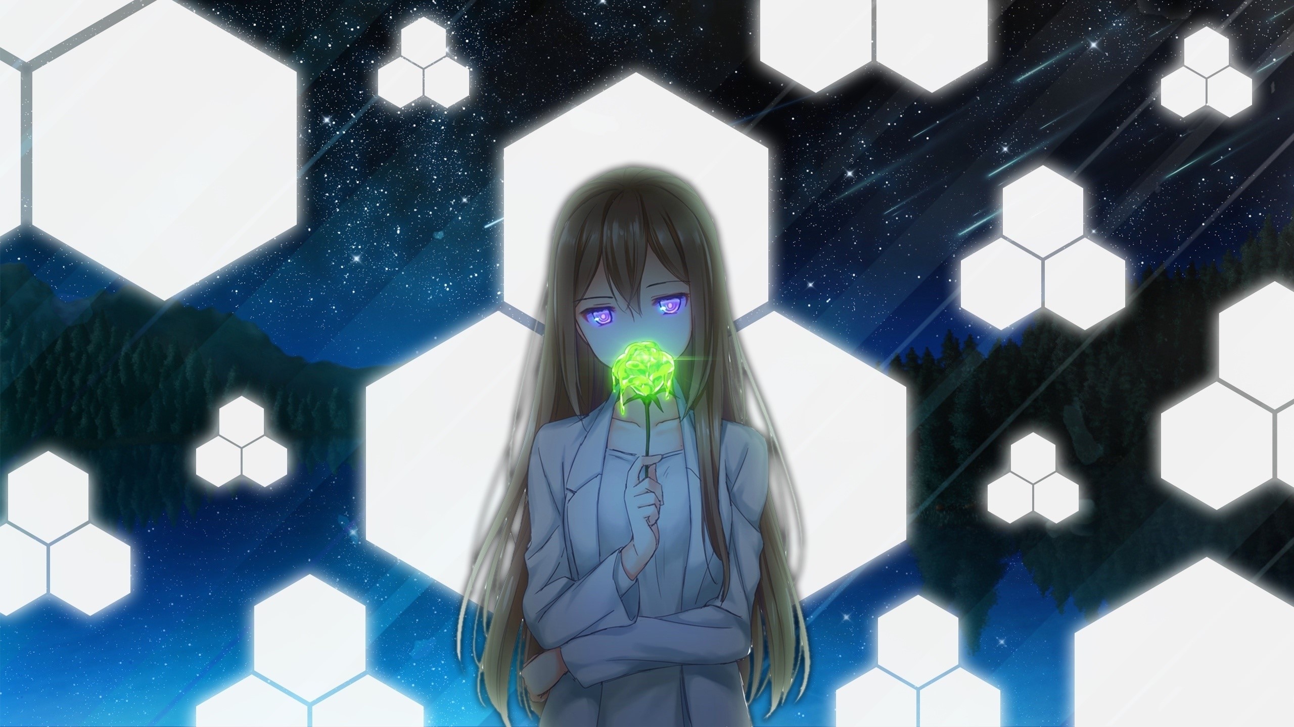 anime, 2D, painting, drawing, artwork, digital, pink eyes, yellow hair, long hair, anime sky, forest, lake, shooting stars, night, dark, space, Steins;Gate, glowing eyes, HD Wallpaper