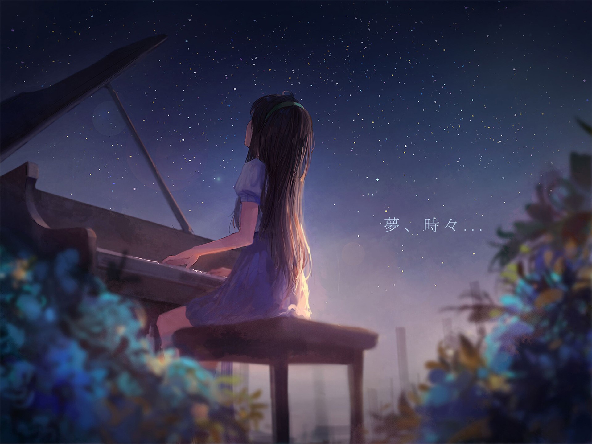 anime, anime girls, piano, fantasy art, digital, night, alone, classical, long hair, painting, drawing, stars, anime sky, HD Wallpaper