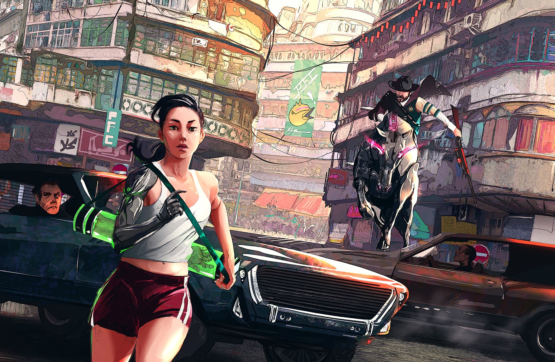 science fiction, women, brunette, ponytail, white tops, belly, short shorts, running, cyborg, sheriff, cowboys, horse, cyberpunk, futuristic, urban, environment, city, street, building, artwork, digital art, drawing, illustration, HD Wallpaper