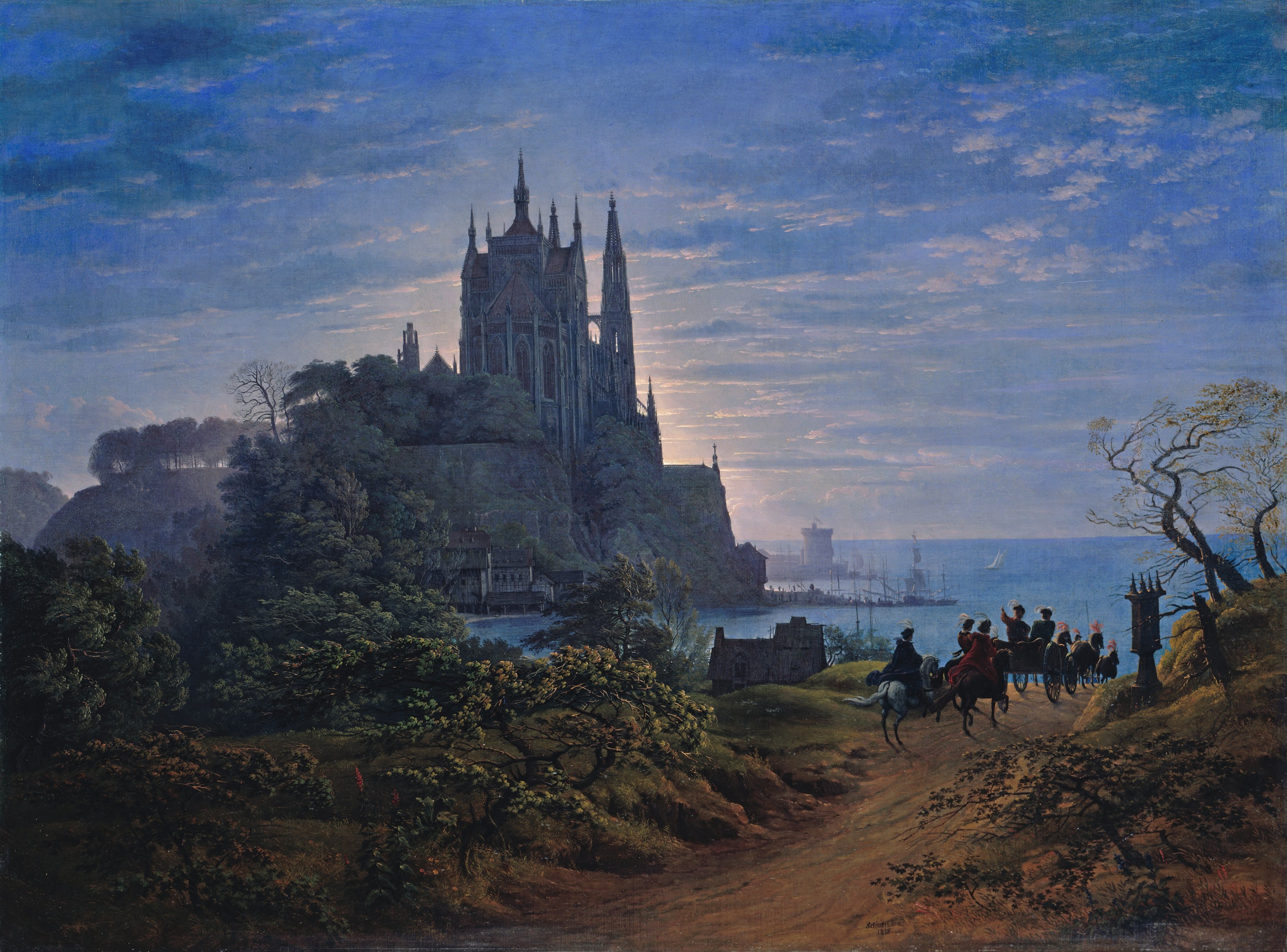landscape, painting, Gothic, Gothic architecture, Karl Friedrich Schinkel, Gotische Kirche auf einem Felsen am Meer, Gothic Church on a Rock by the Sea, HD Wallpaper