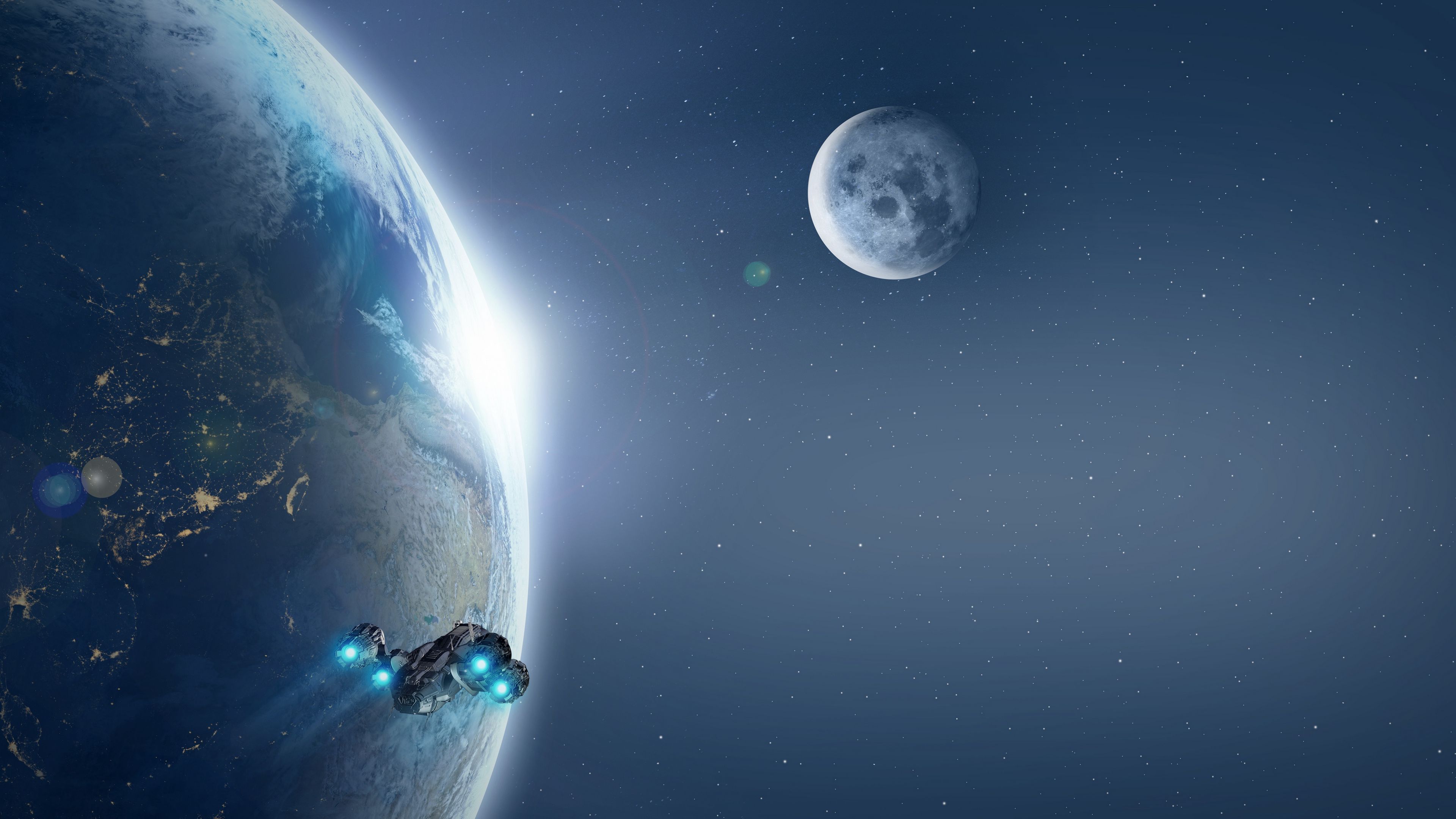 planet, spaceship, lights, cosmos, universe, 4k, HD Wallpaper